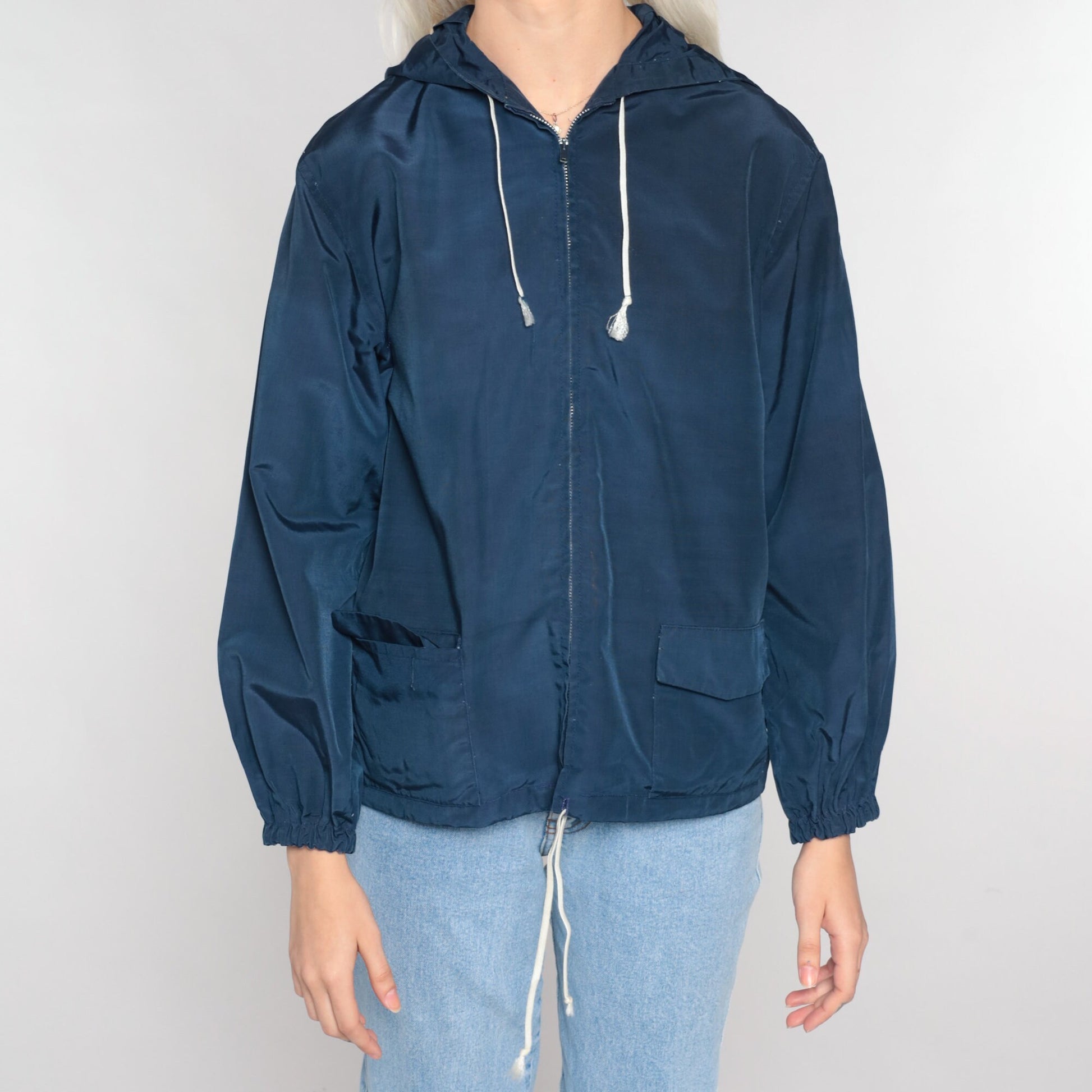 80s Navy Zip-Up Hooded Windbreaker Jacket Small S