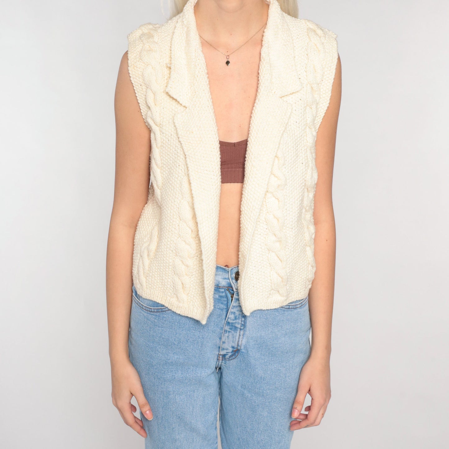 80s Cream Cable Knit Vest Collared Open Front Sleeveless Sweater Small