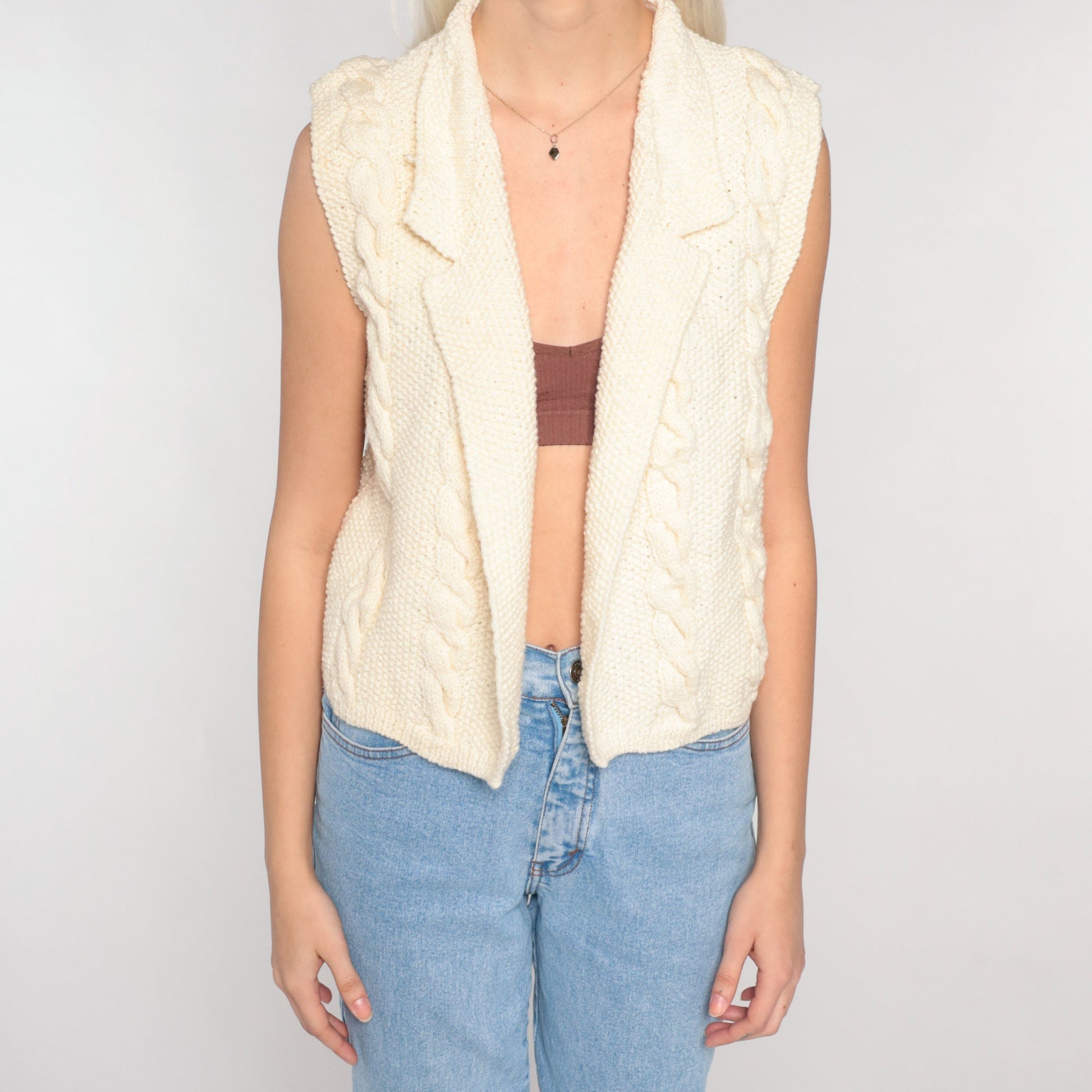 80s Cream Cable Knit Vest Collared Open Front Sleeveless Sweater Small