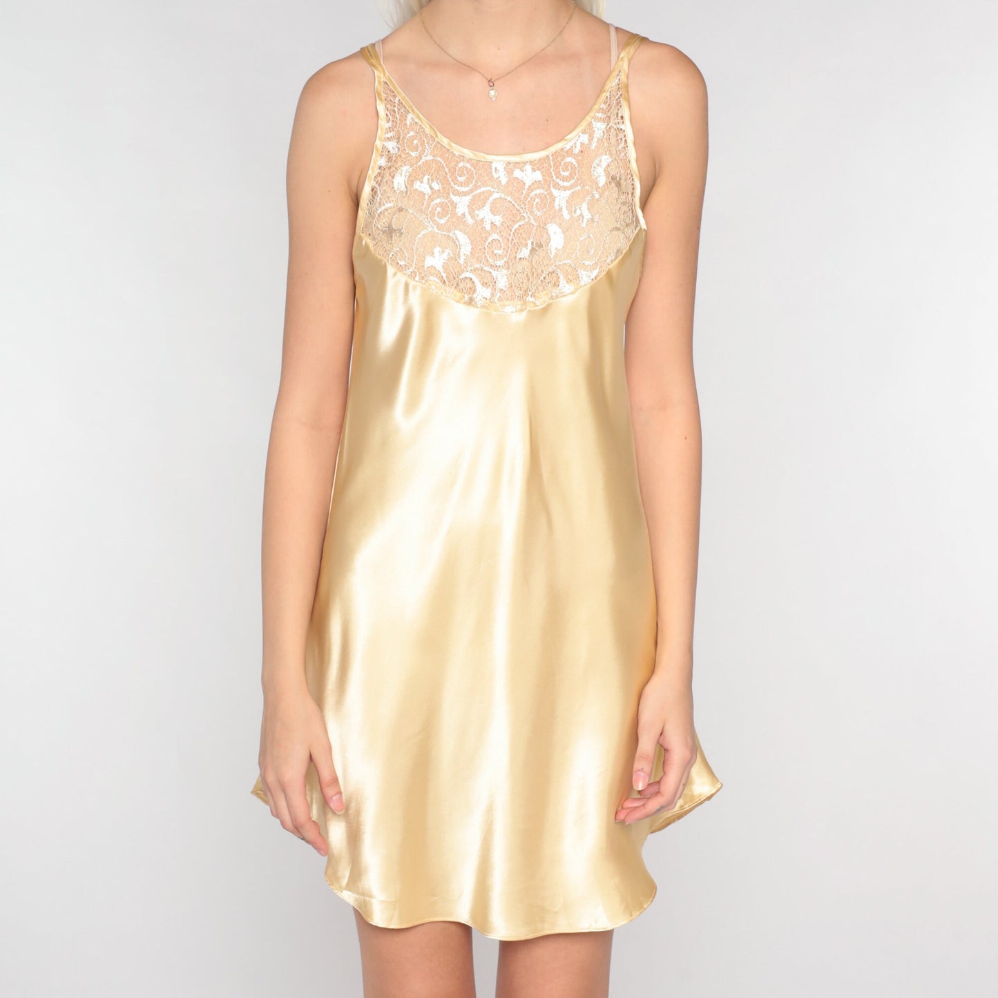 Y2K Gold Lace Slip Dress Metallic Floral Nightgown Spaghetti Strap Small S
