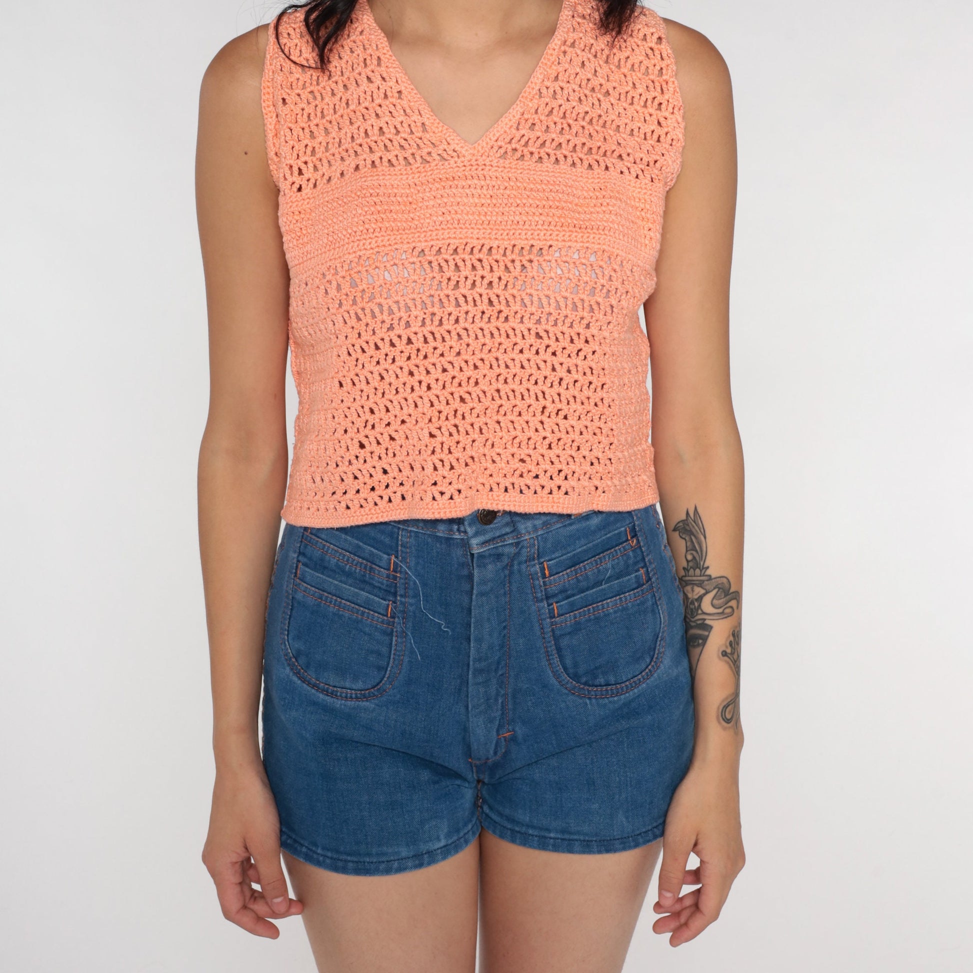 80s Orange Crochet Crop Tank Top V Neck Open Weave Small
