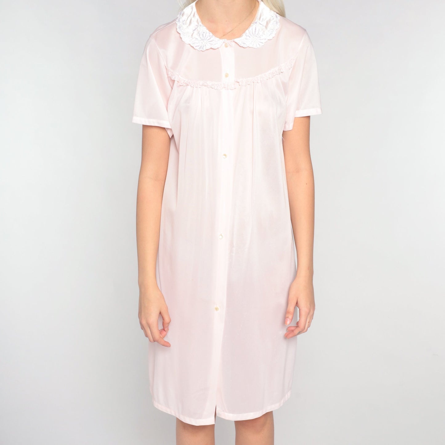 80s Pale Pink Floral Embroidered Nylon Nightgown Collared Mini Dress Medium M