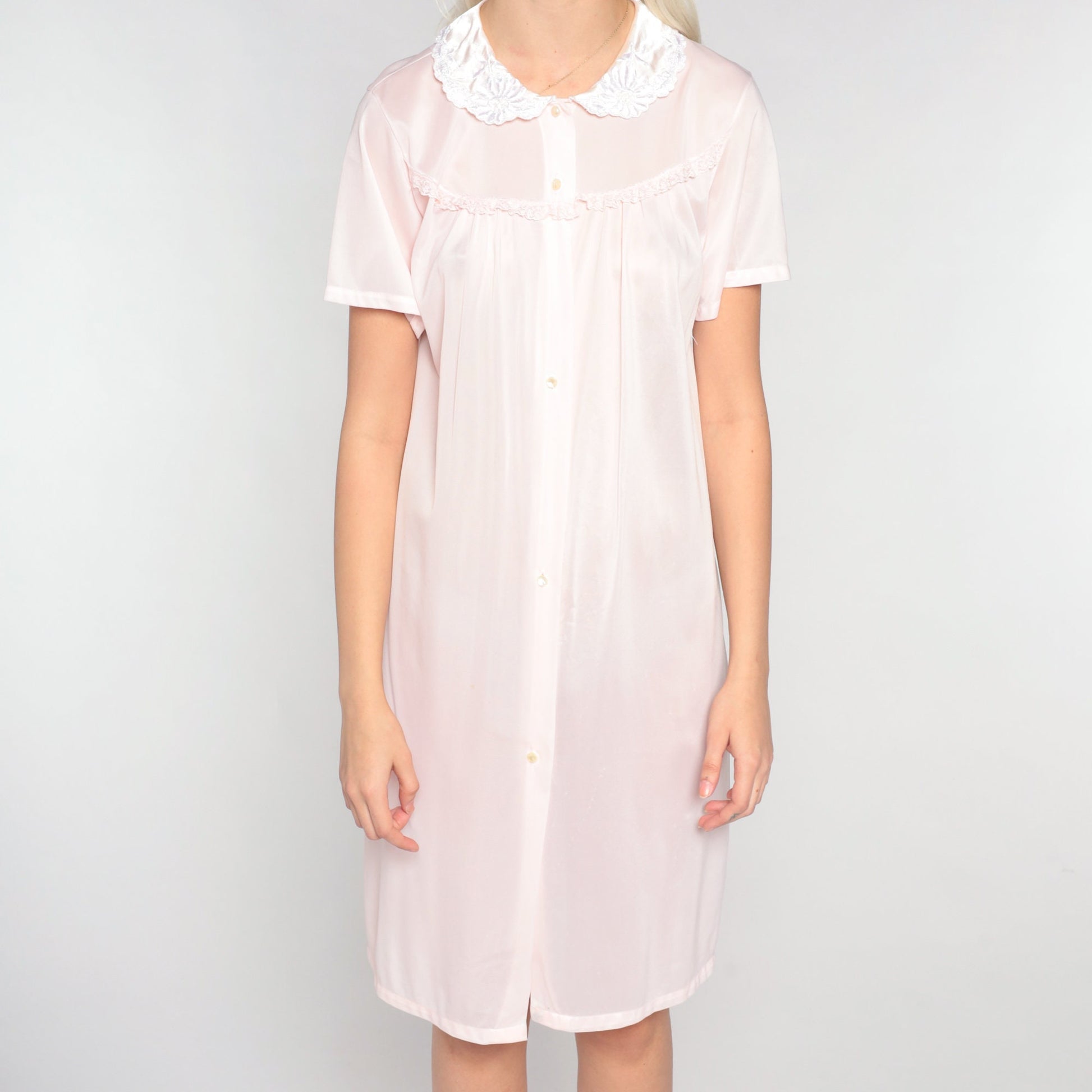 80s Pale Pink Floral Embroidered Nylon Nightgown Collared Mini Dress Medium M