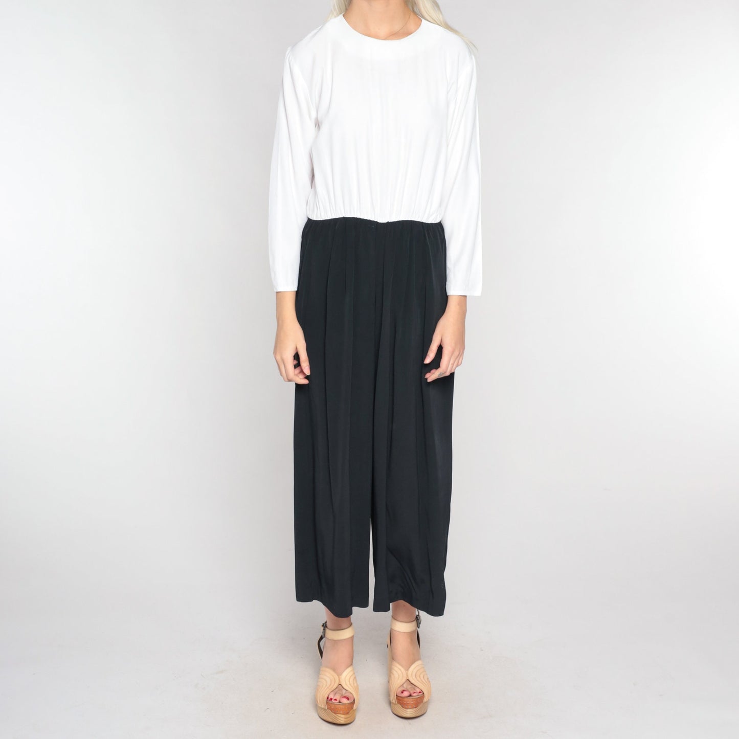 90s Black & White Wide Leg Jumpsuit Long Sleeve Rear Zip Medium