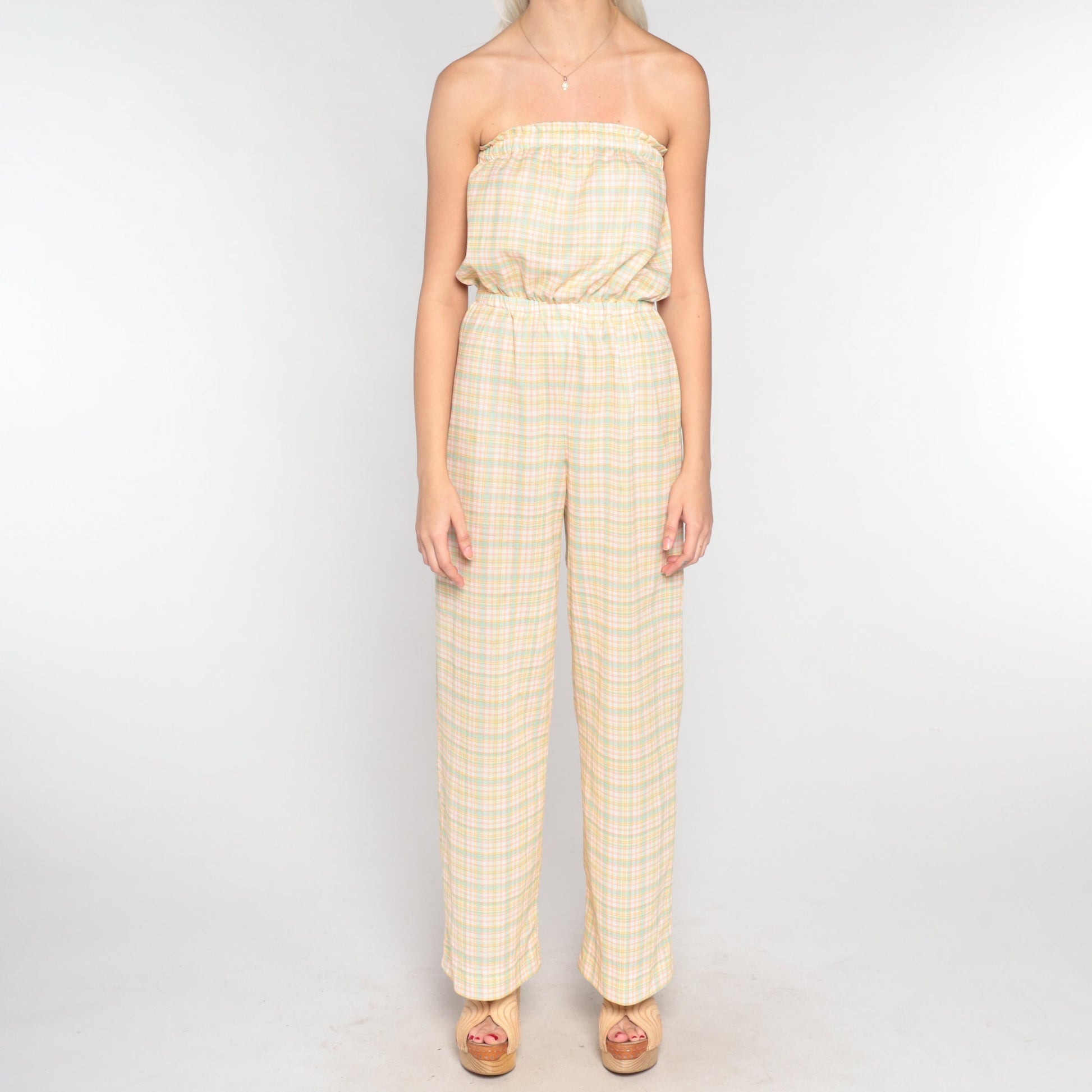 70s Plaid Strapless Jumpsuit Straight Leg High Waist White Yellow Small