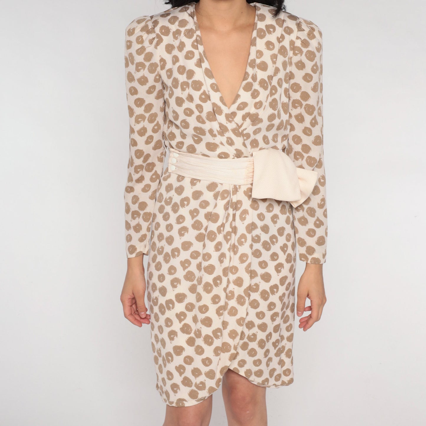 80s Silk Wrap Mini Dress Tan Dot Print V-Neck Puff Sleeve Extra Small