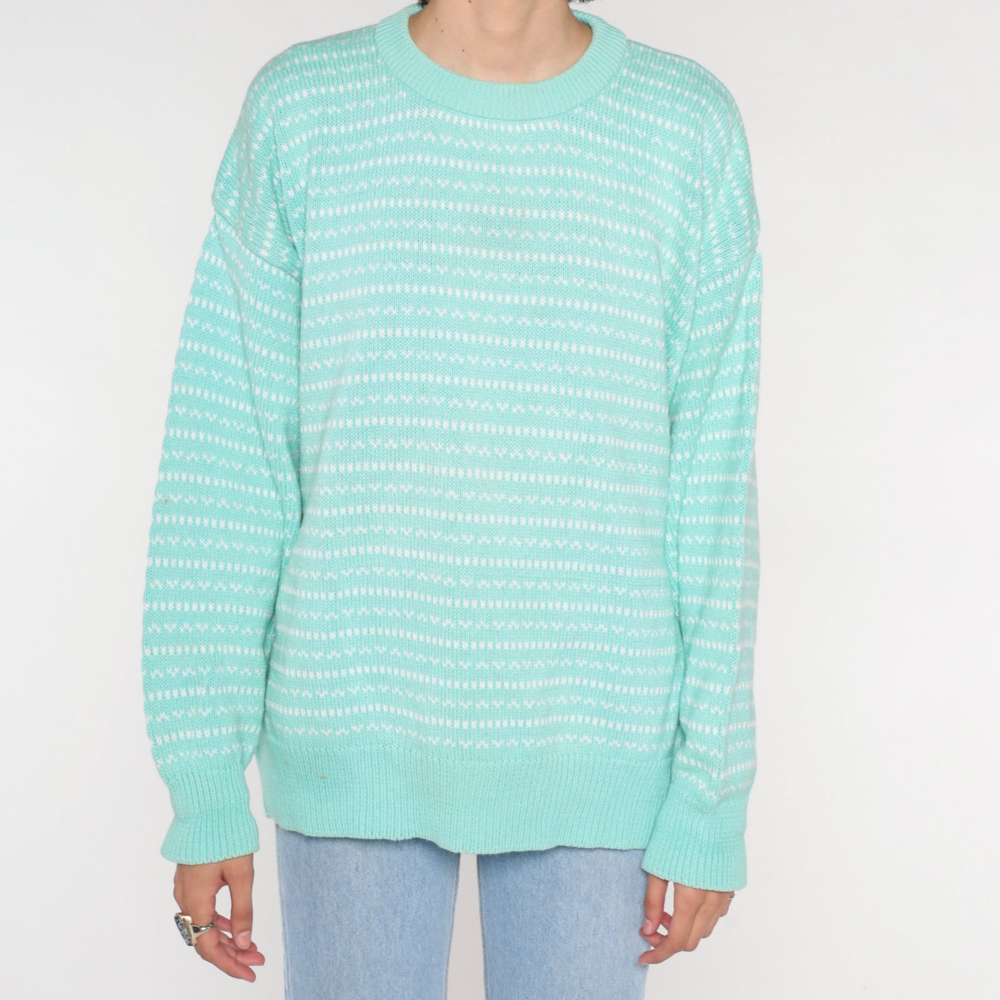 90s Eddie Bauer Seafoam Striped Knit Sweater Crewneck Cotton Medium