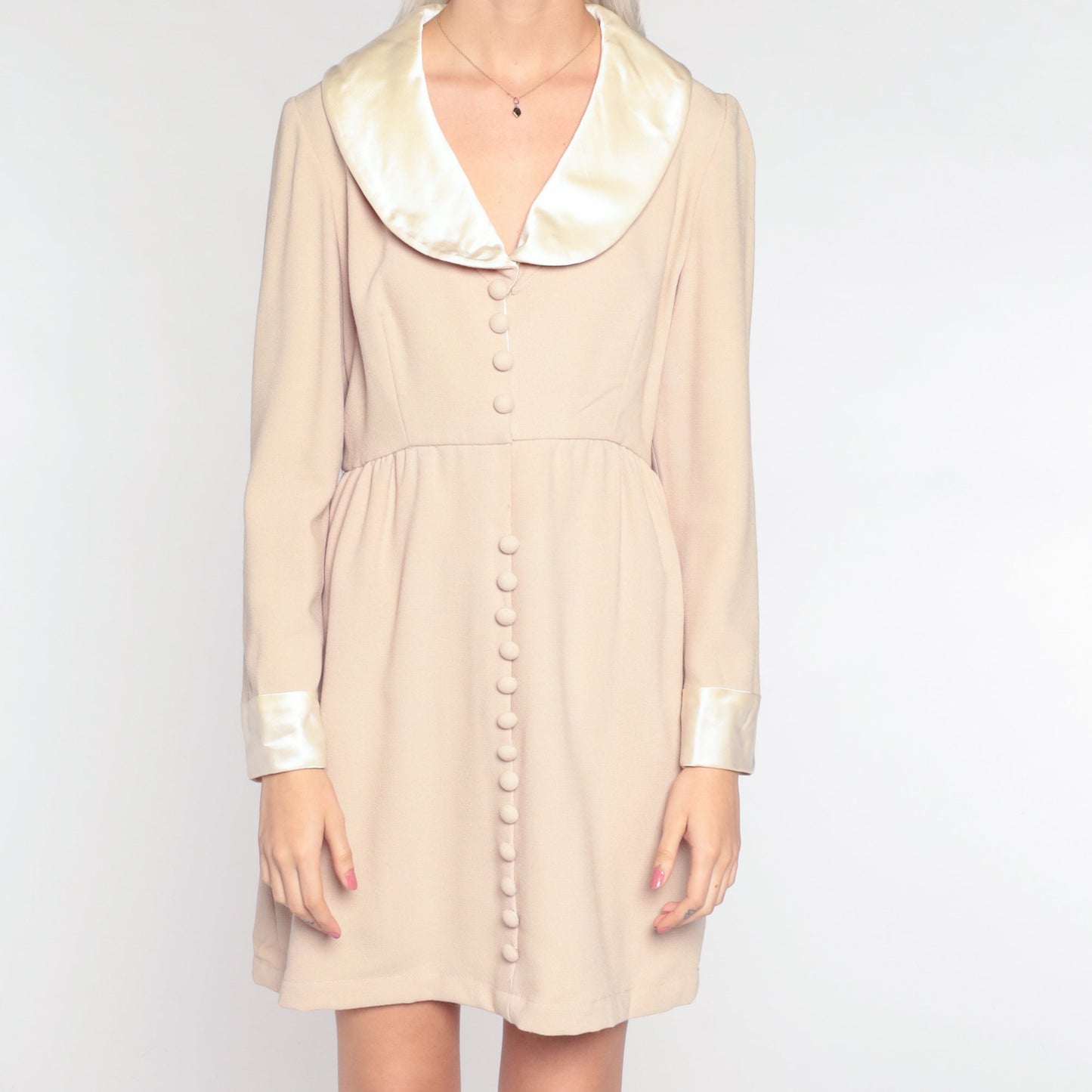 70s I Magnin Mini Dress Beige Button-Up High-Waisted Long Sleeve Small S