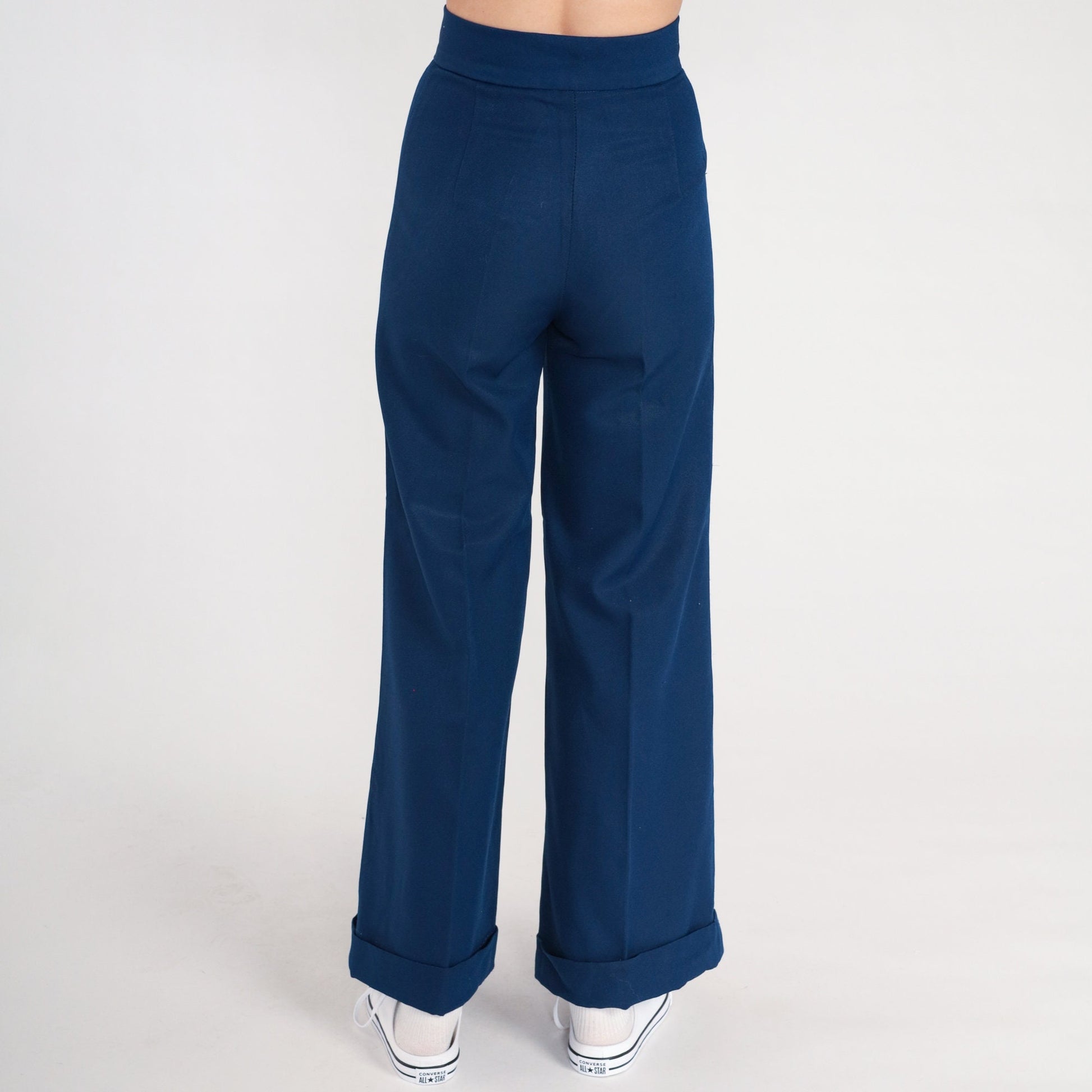 70s Dark Blue Bell Bottom Pants Cherry Flower Patch High Waist Extra Small