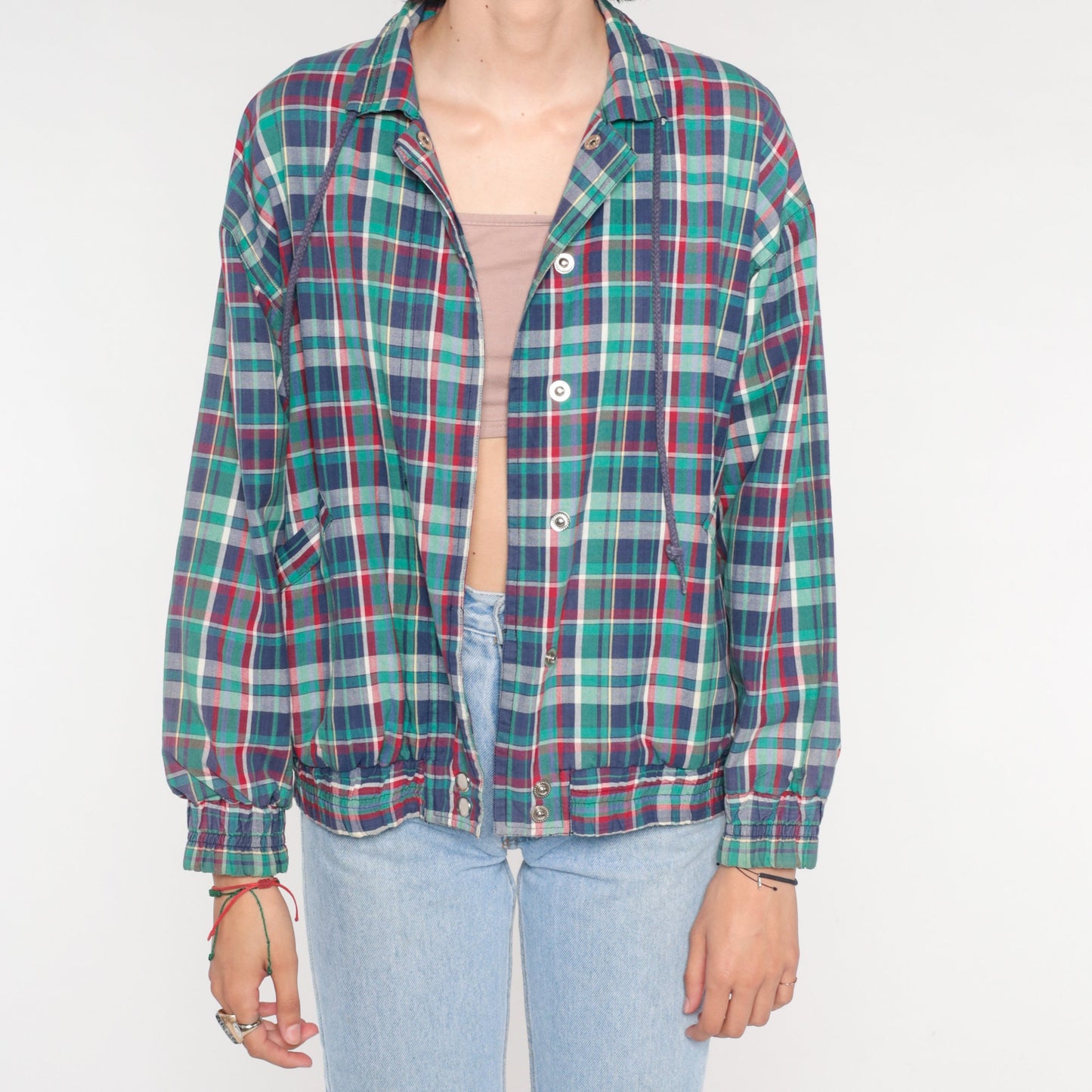 80s Plaid Windbreaker Snap Jacket Blue Red Green Small