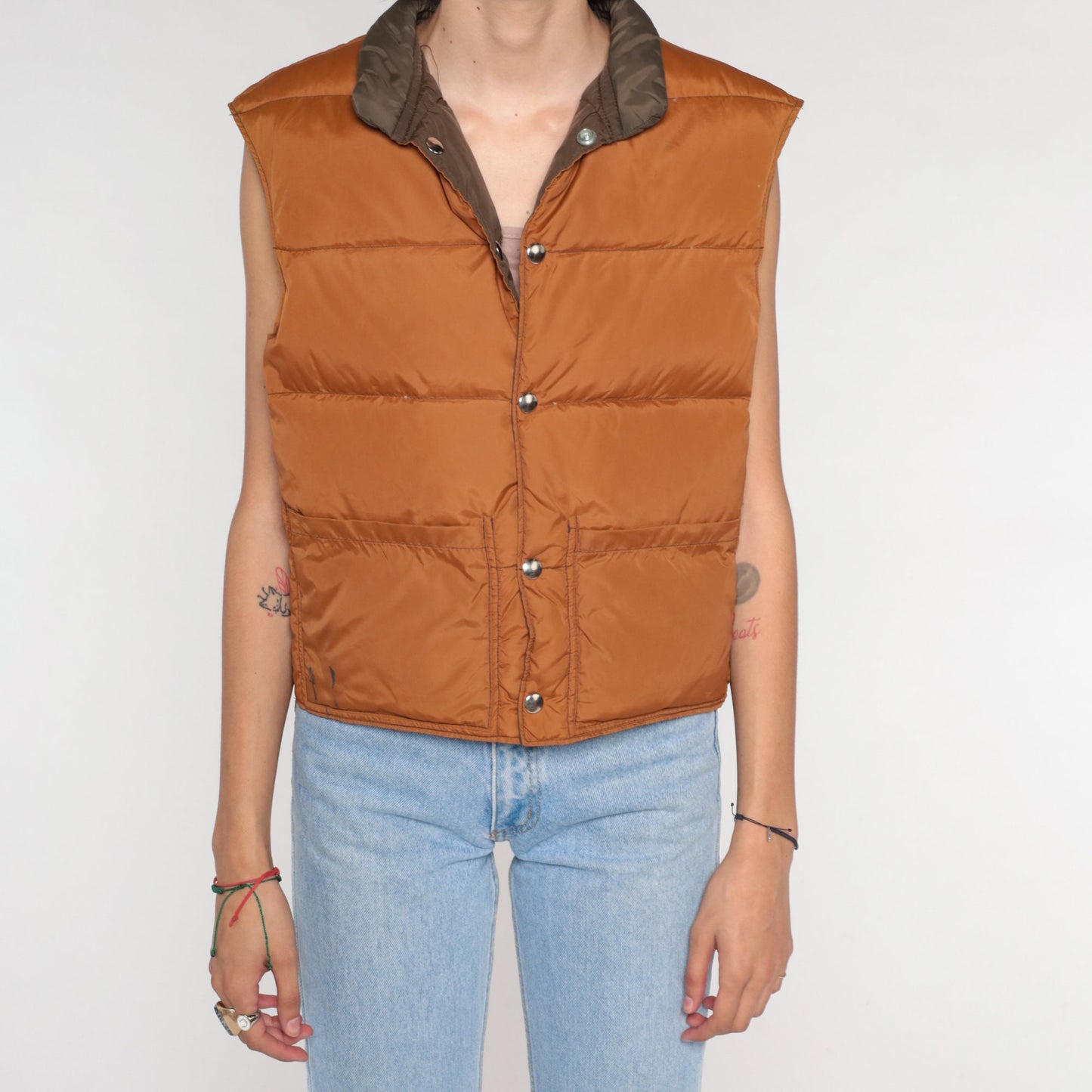 80s Reversible Puffer Vest Brown Down Fill Nylon Sleeveless Small