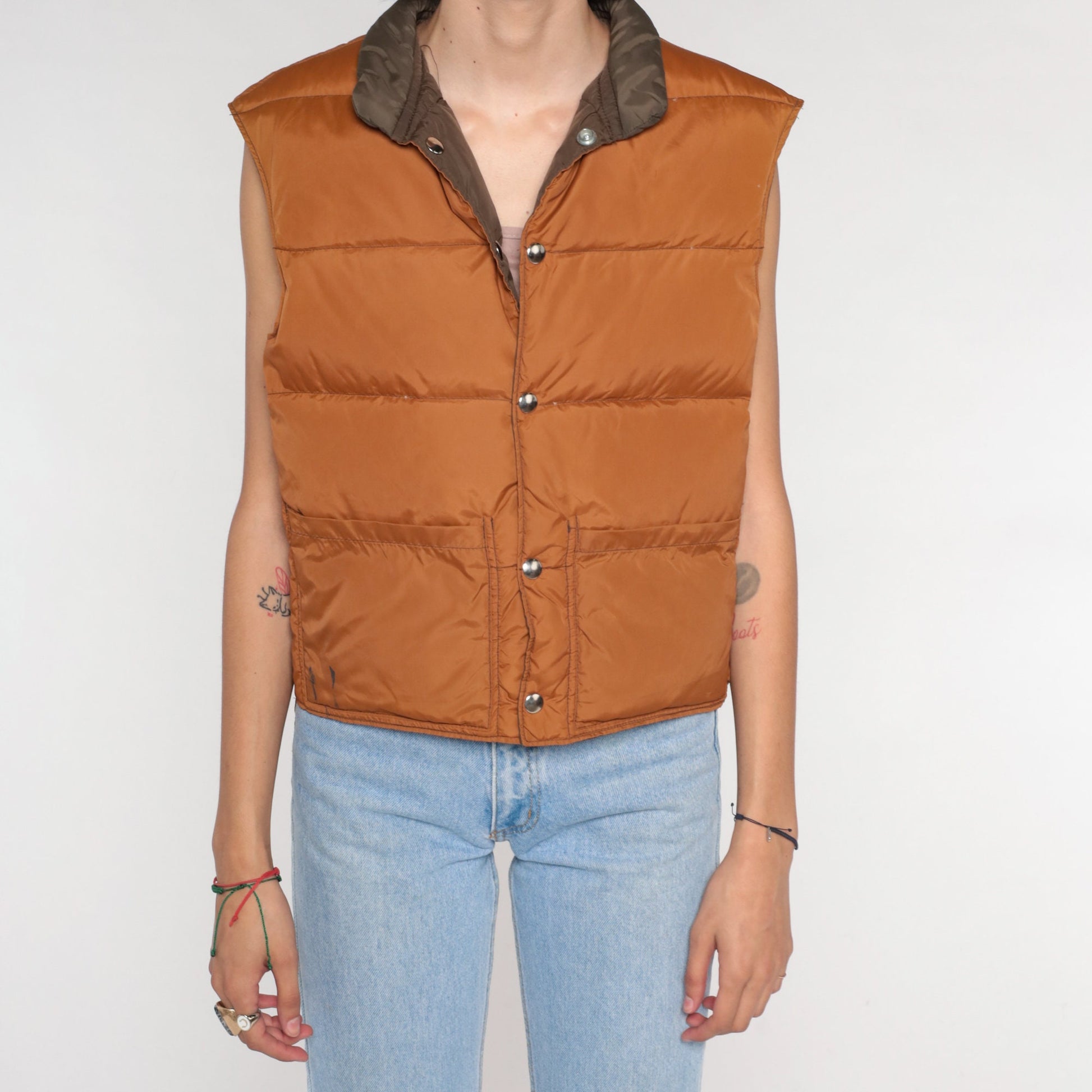 80s Reversible Puffer Vest Brown Down Fill Nylon Sleeveless Small