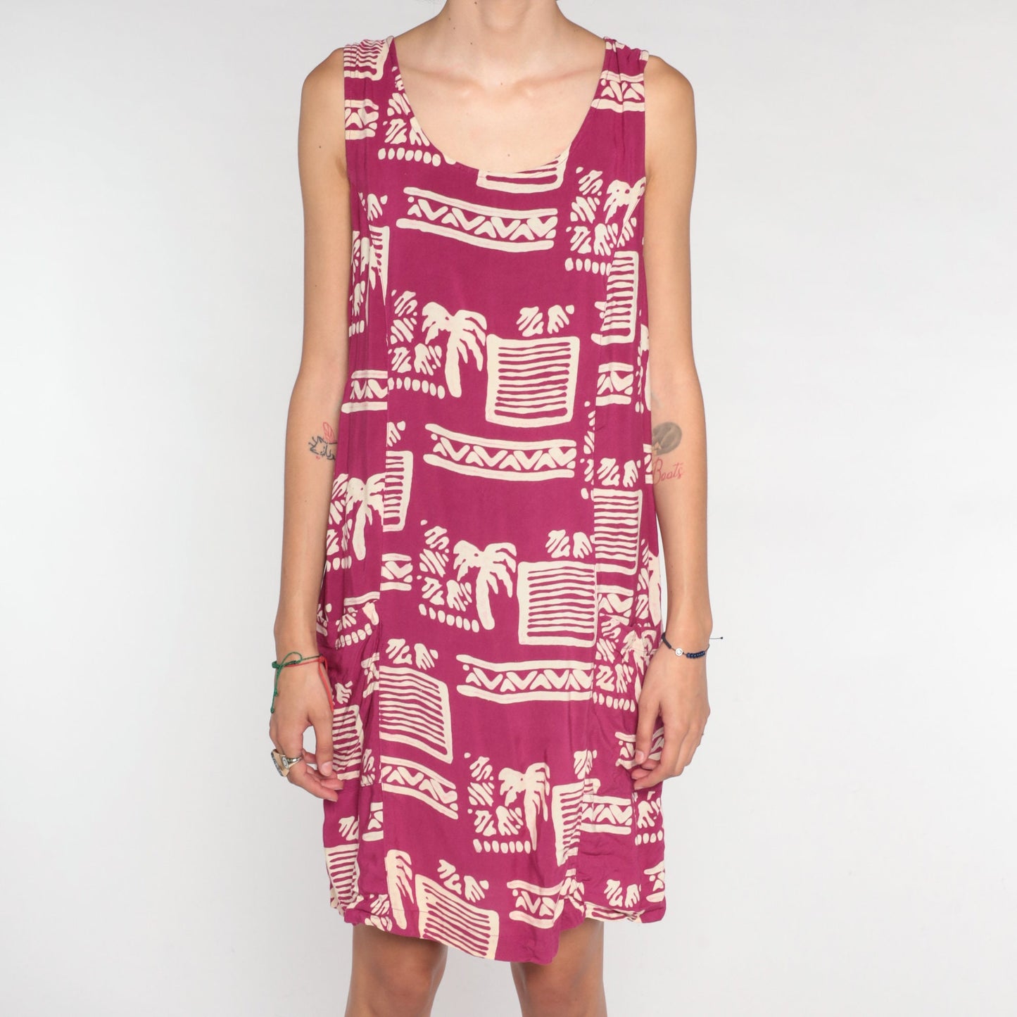 90s Dark Pink Tropical Palm Tree Mini Dress Geometric Print Sleeveless Small