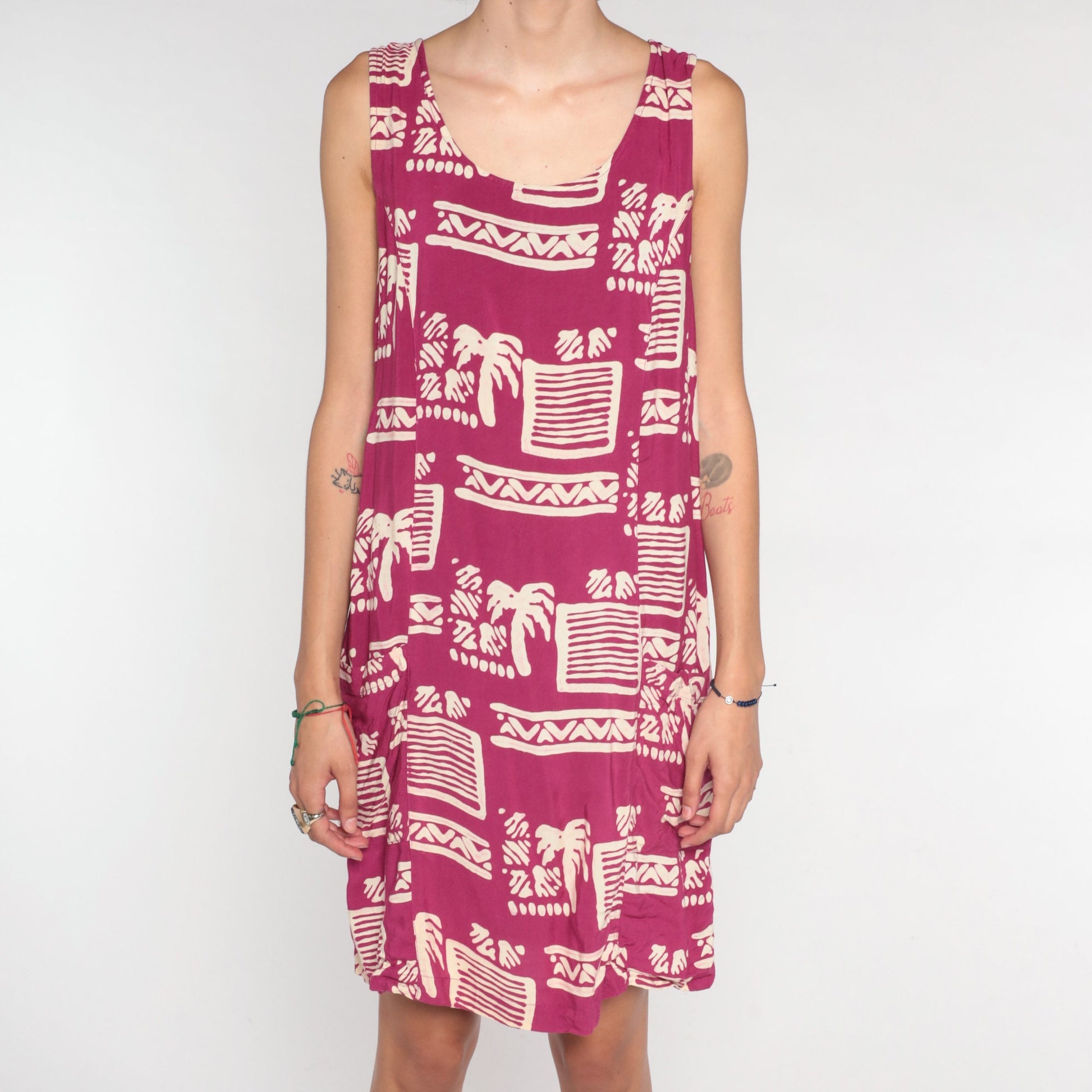 90s Dark Pink Tropical Palm Tree Mini Dress Geometric Print Sleeveless Small