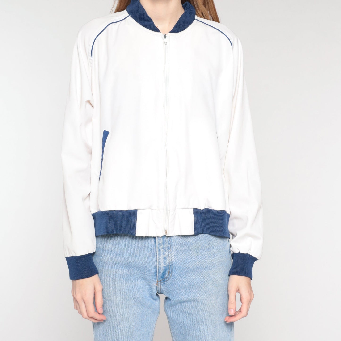 80s White Bomber Jacket Blue Trim Windbreaker Zip Front Large L
