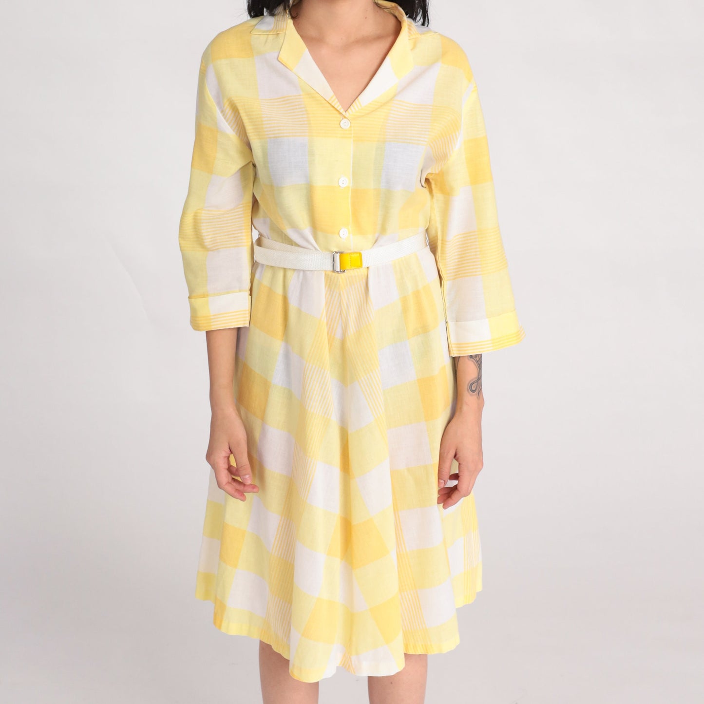 80s Blair Yellow Plaid Midi Shirtdress High Waist Button Up Medium