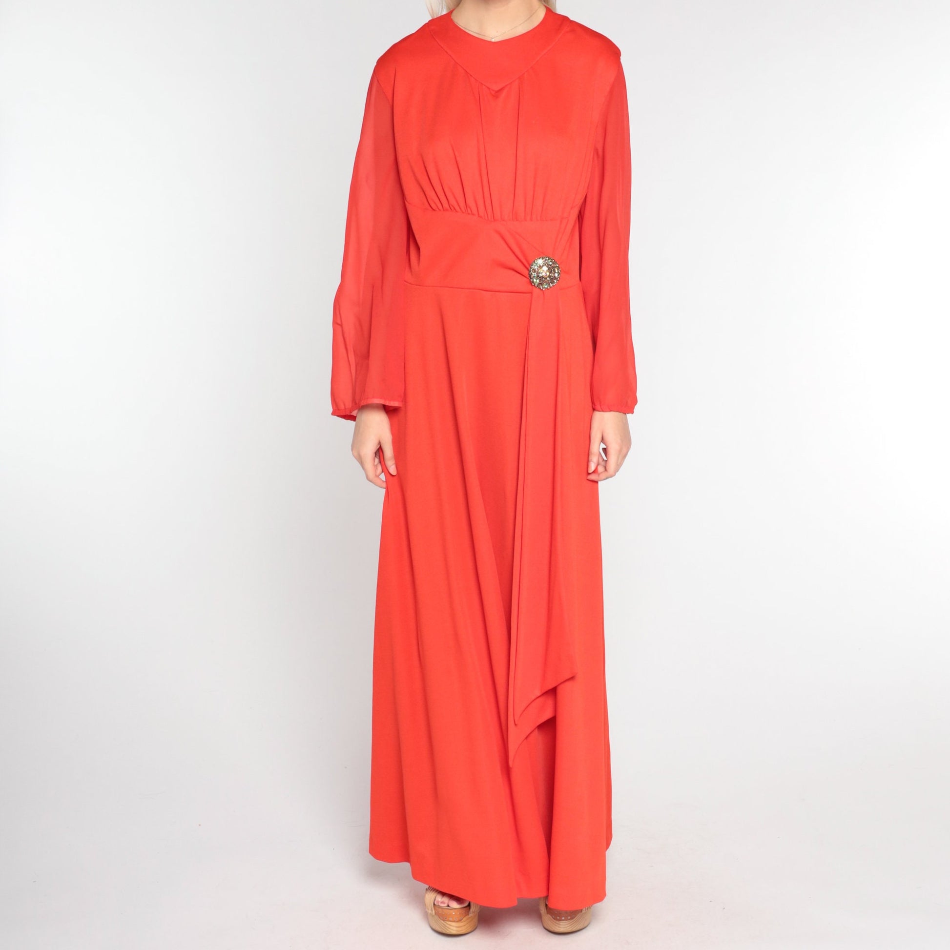 1970s Orange-Red Maxi Dress Rhinestone Sash High Waist Sheer Sleeve Medium