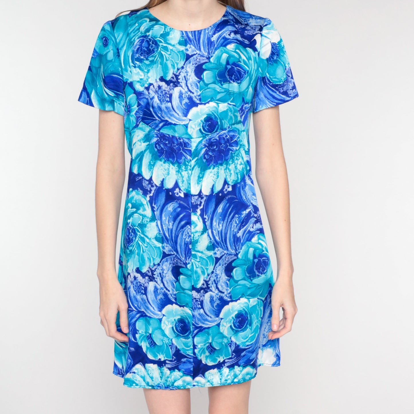70s Blue Floral Rose Print Mini Dress Empire Waist Short Sleeve Small S