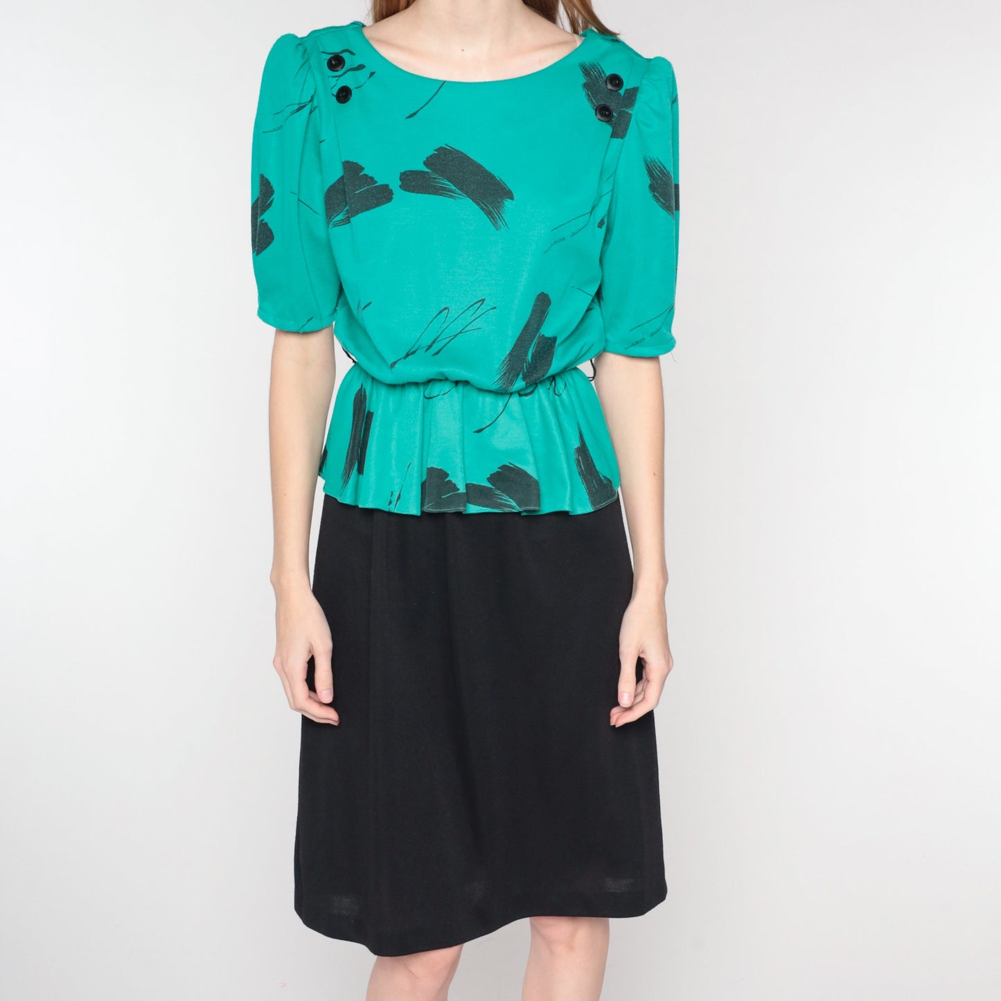 80s Peplum Midi Dress Black Green Brushstroke Print Puff Sleeve Small