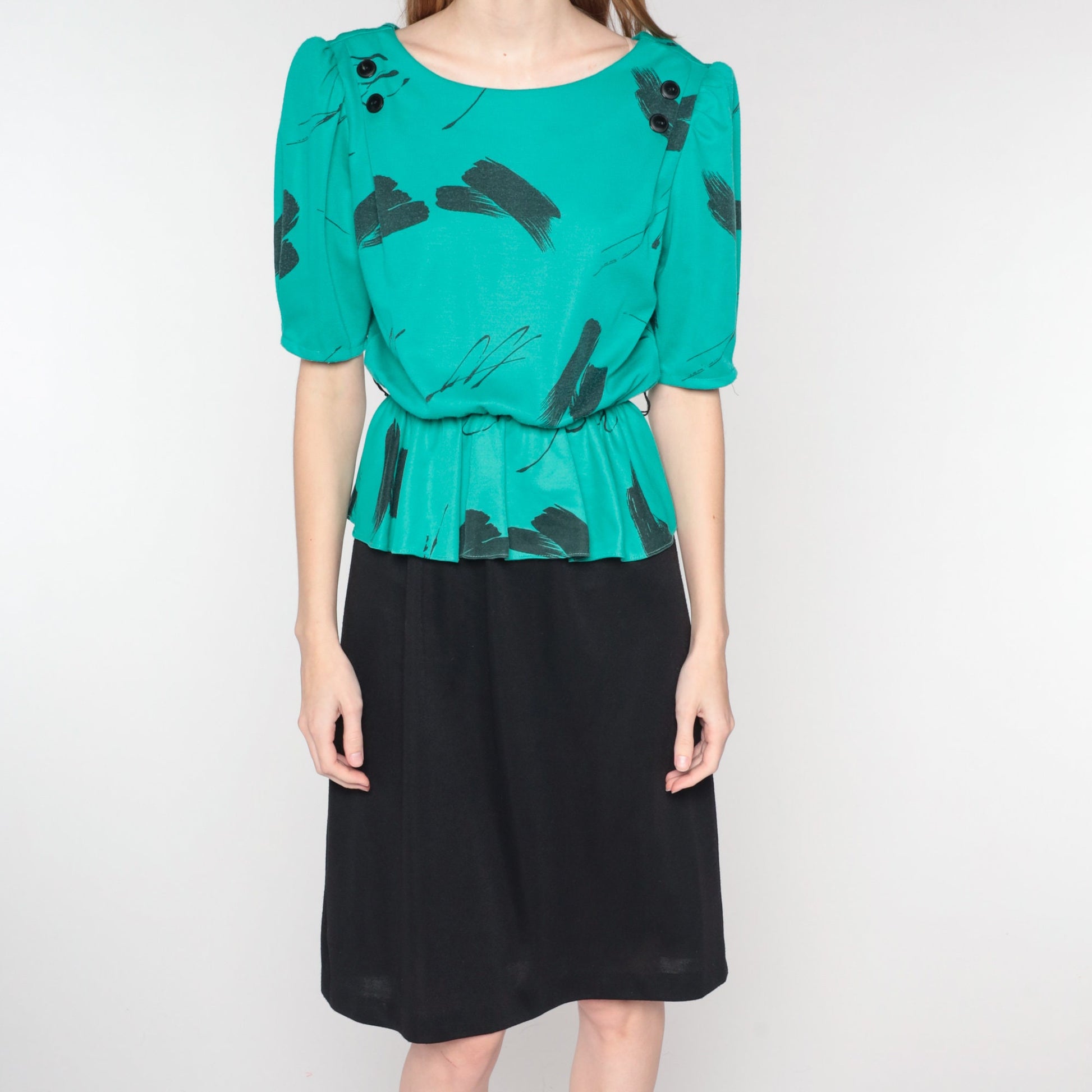 80s Peplum Midi Dress Black Green Brushstroke Print Puff Sleeve Small