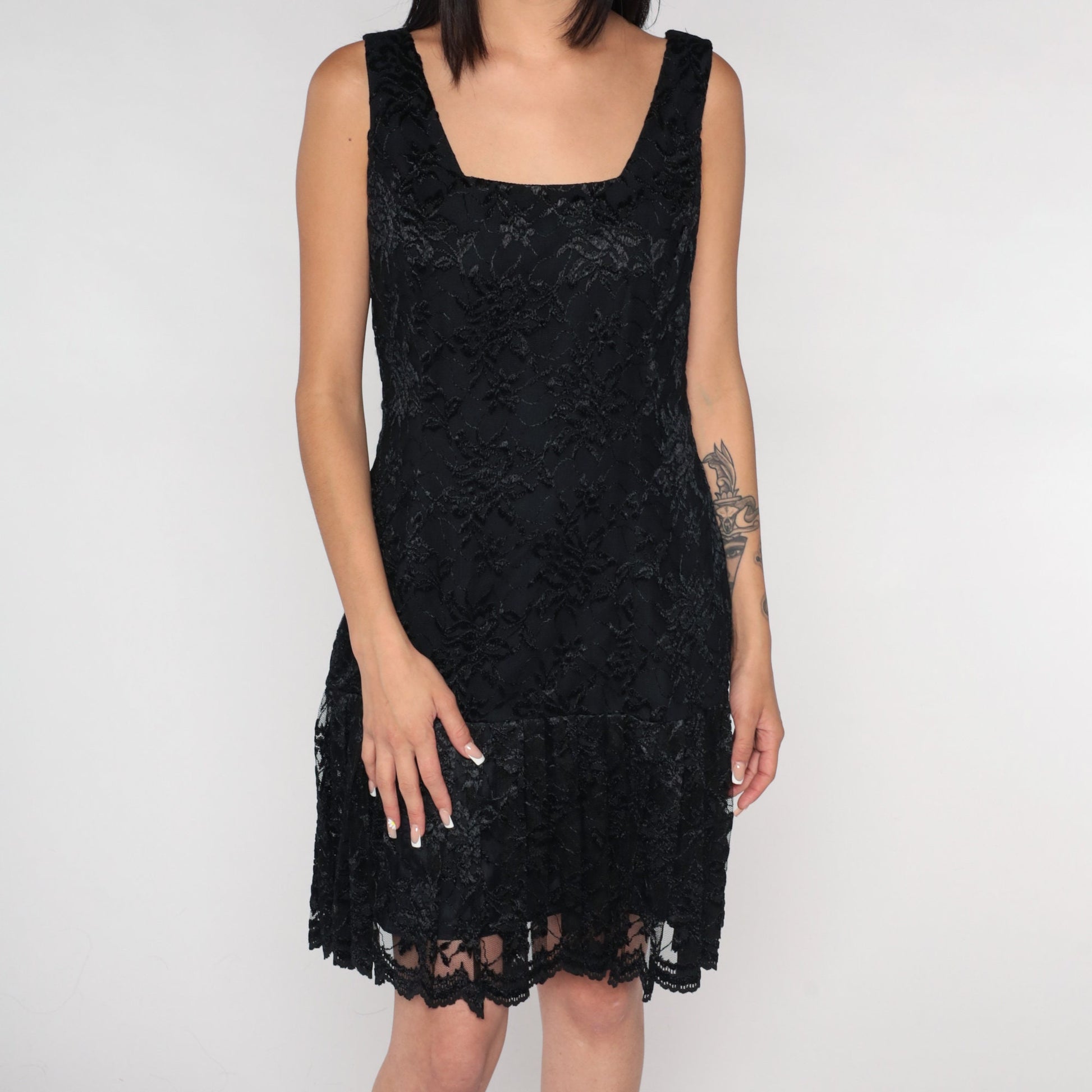 90s Black Lace Mini Dress Drop Waist Square Neck Sleeveless Large 12