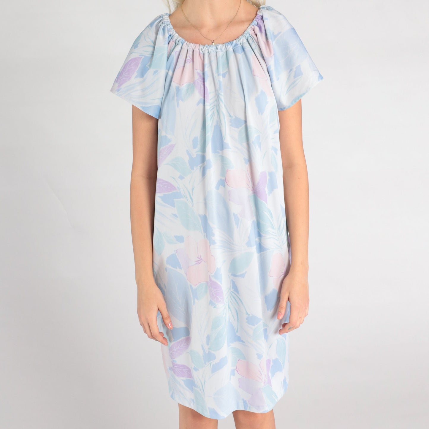 70s Pastel Blue Floral Shift Dress Short Sleeve Midi Medium Large