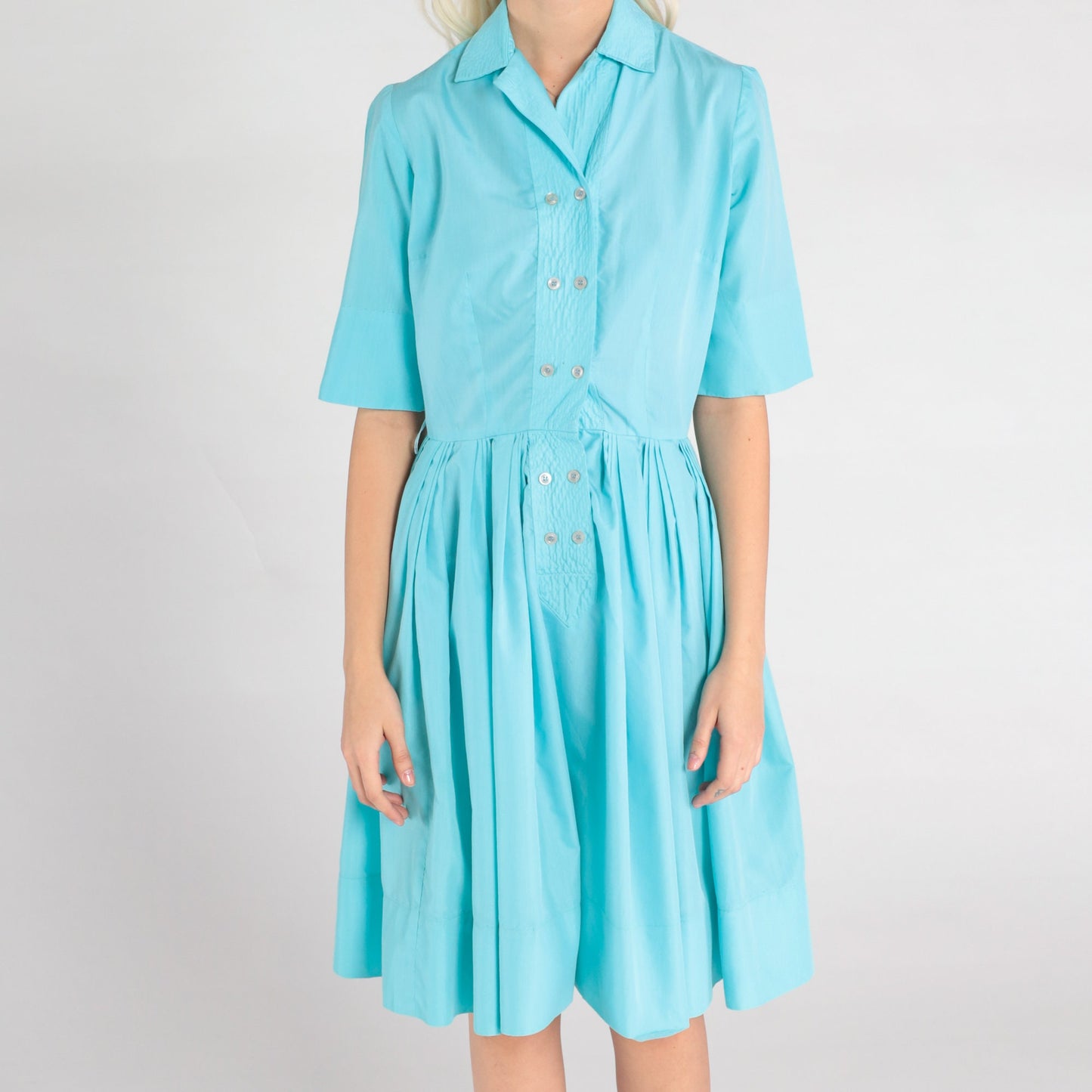 60s Robin's Egg Blue Cotton Midi Shirtdress Button-Up Pleated Small