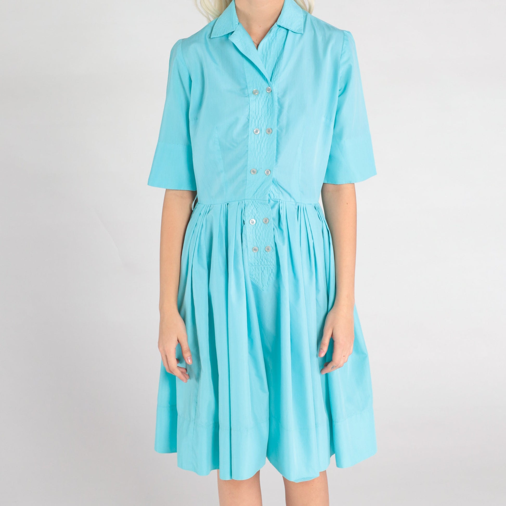 60s Robin's Egg Blue Cotton Midi Shirtdress Button-Up Pleated Small