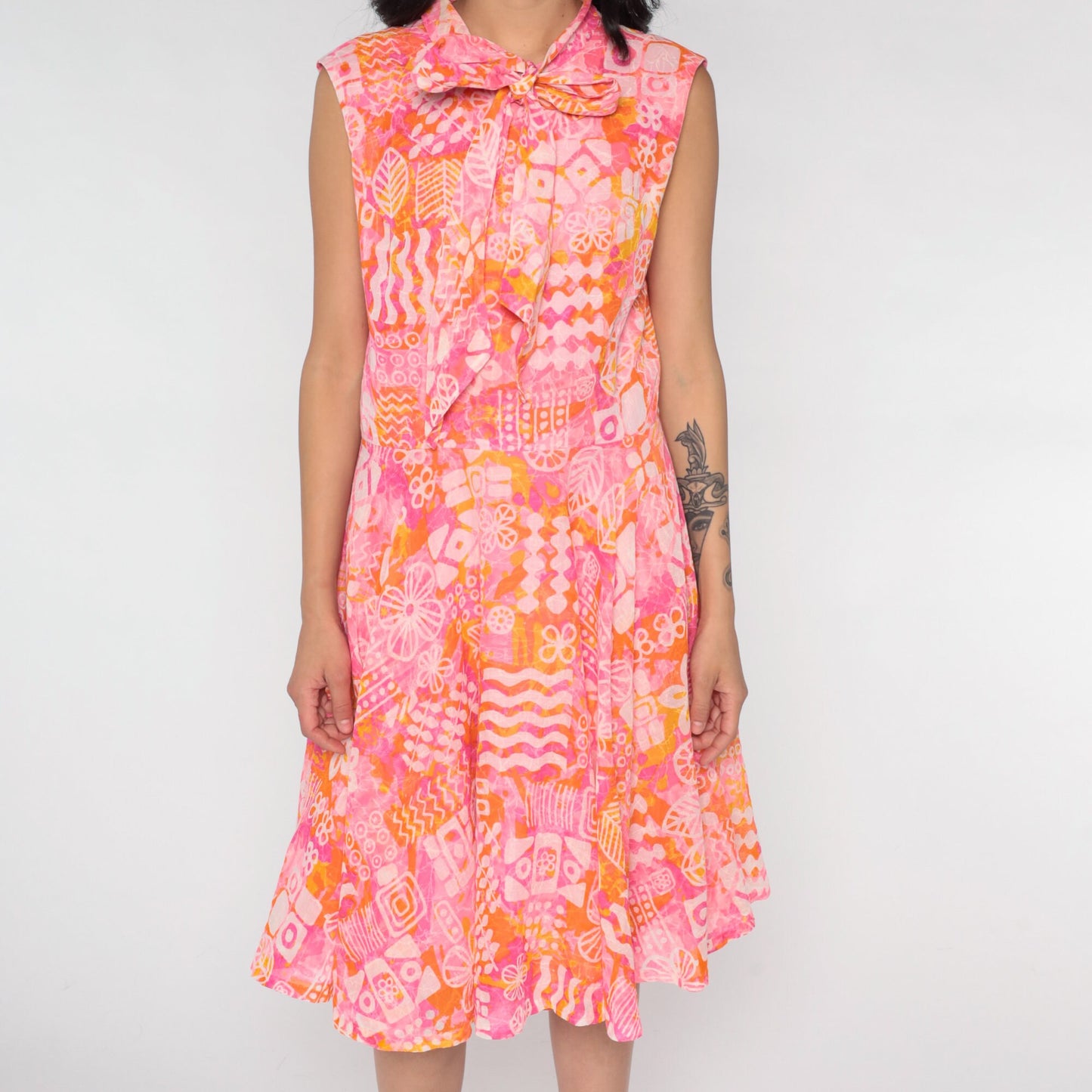 60s Tropical Floral Ascot Midi Dress Pink Orange Geometric Low Waist Medium