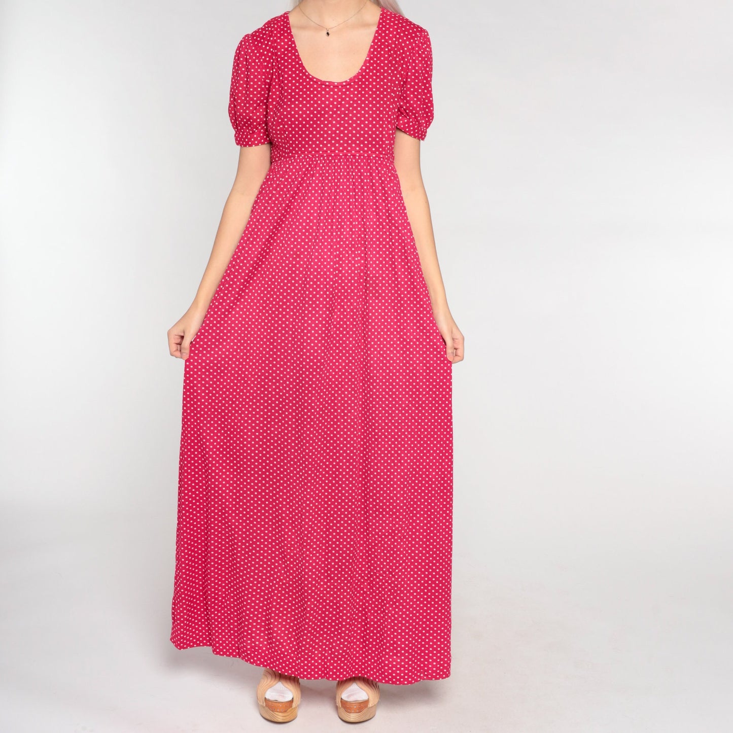70s Red Polka Dot Maxi Dress Puff Sleeve Empire Waist Small