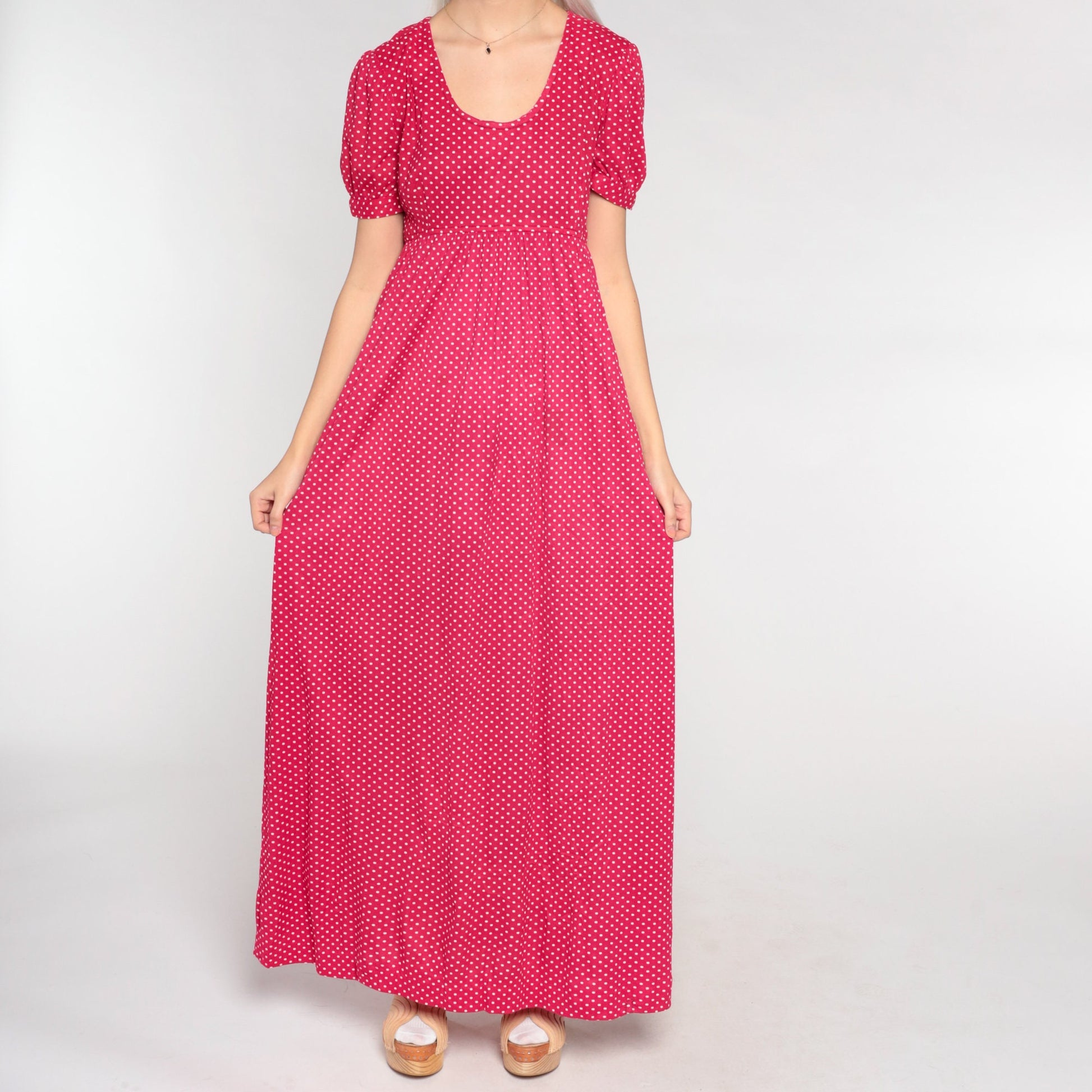 70s Red Polka Dot Maxi Dress Puff Sleeve Empire Waist Small