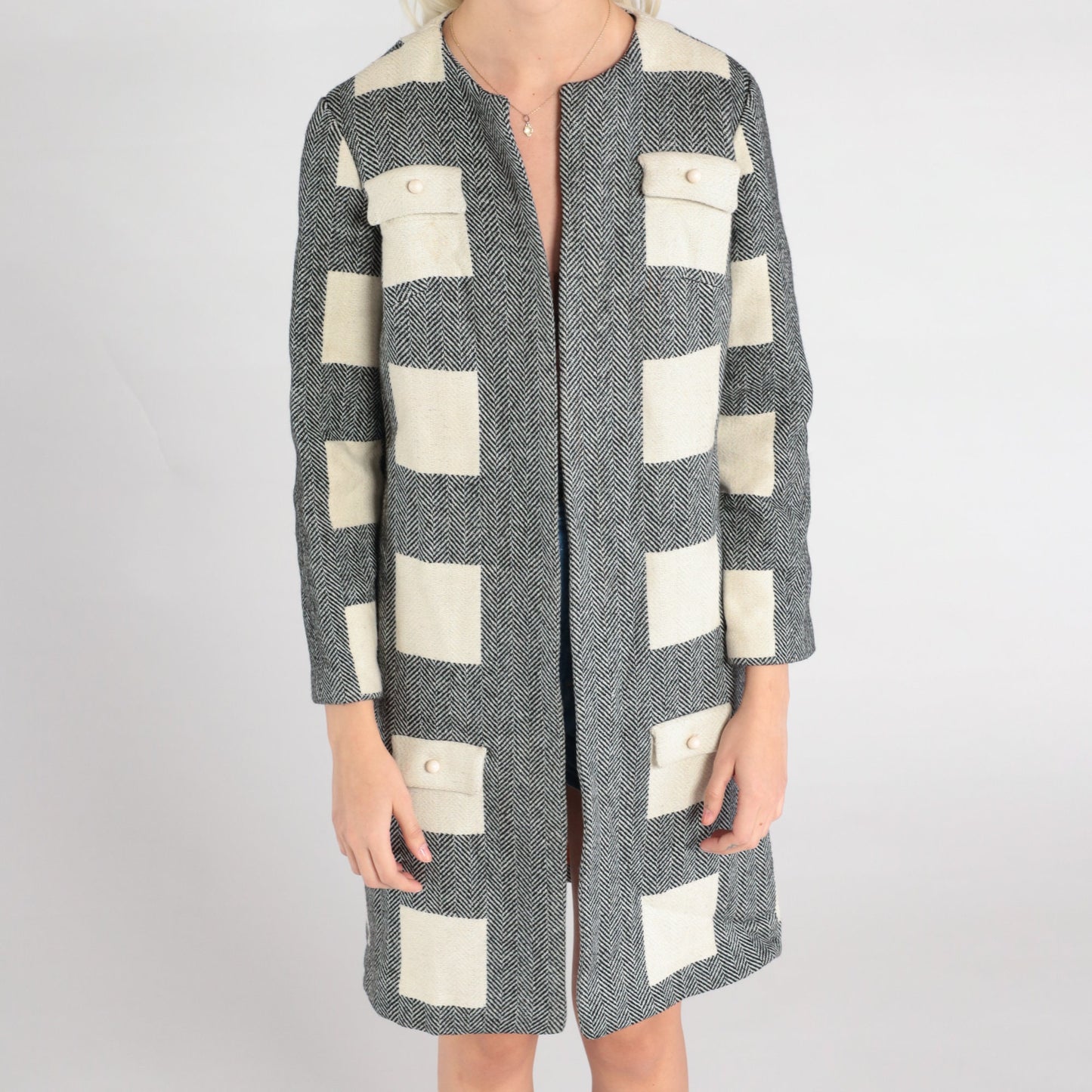 60s Wool Herringbone Mod Jacket Black White Open Front Extra Small