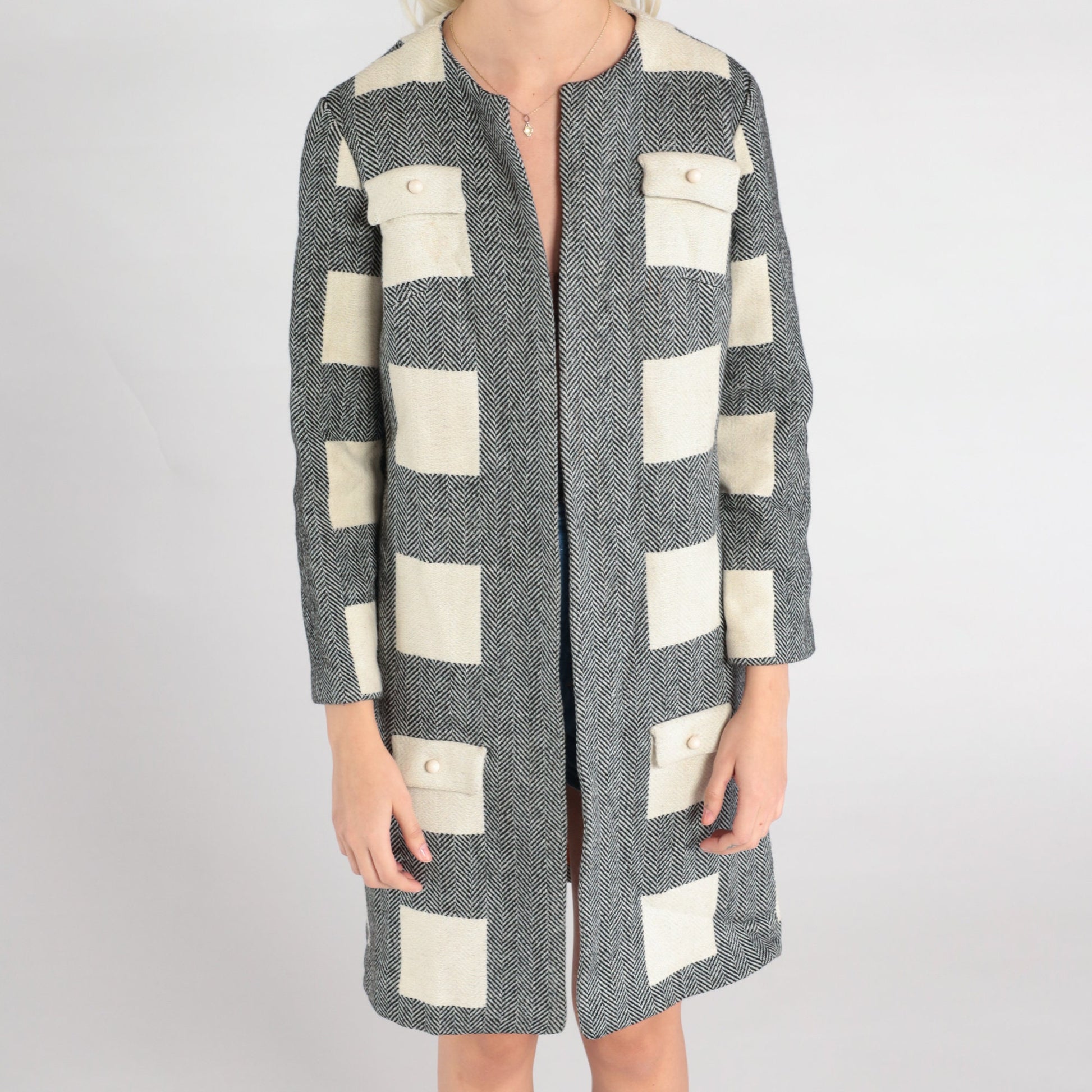 60s Wool Herringbone Mod Jacket Black White Open Front Extra Small