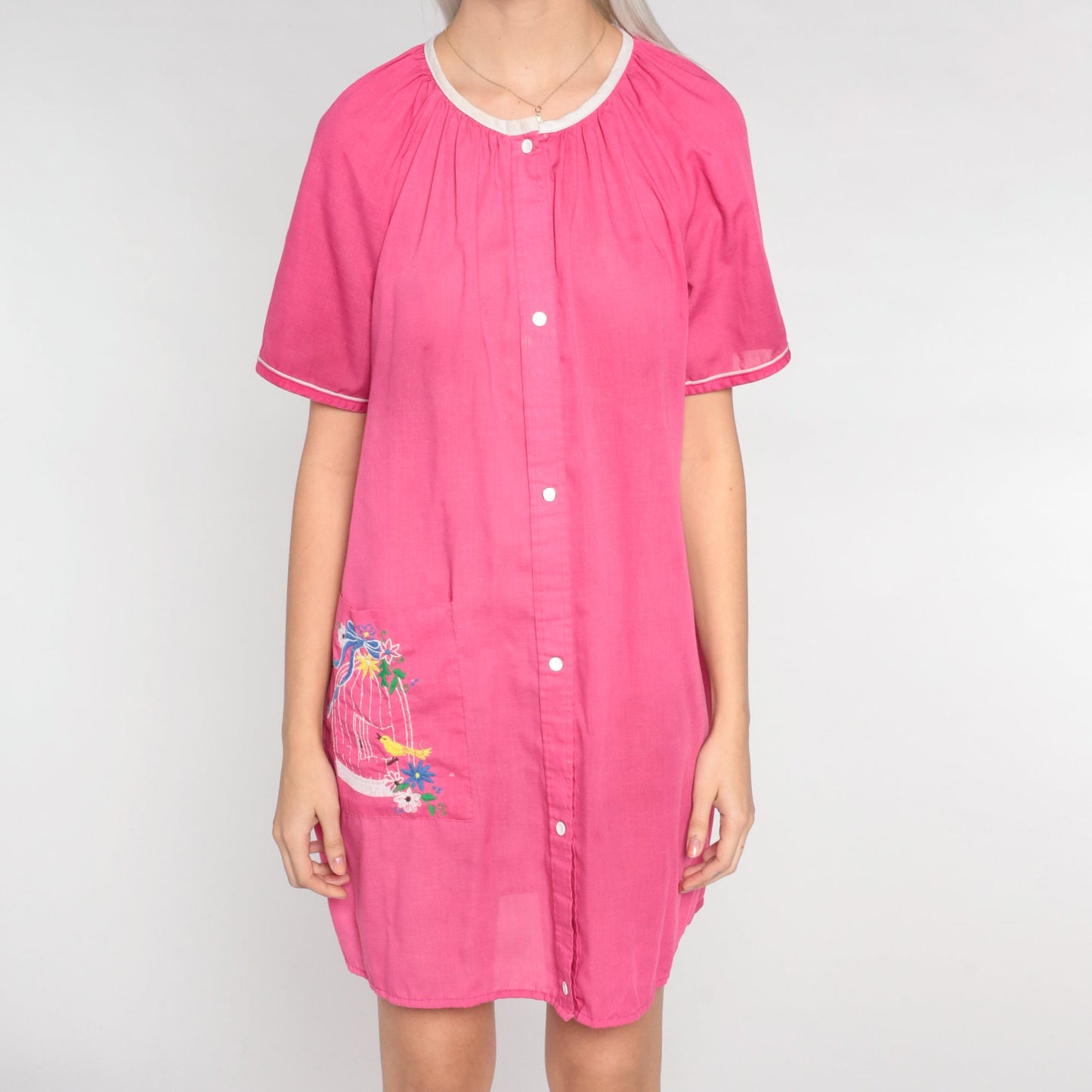 80s Pink Floral Bird Embroidered Nightgown Short Sleeve Snap Front Large