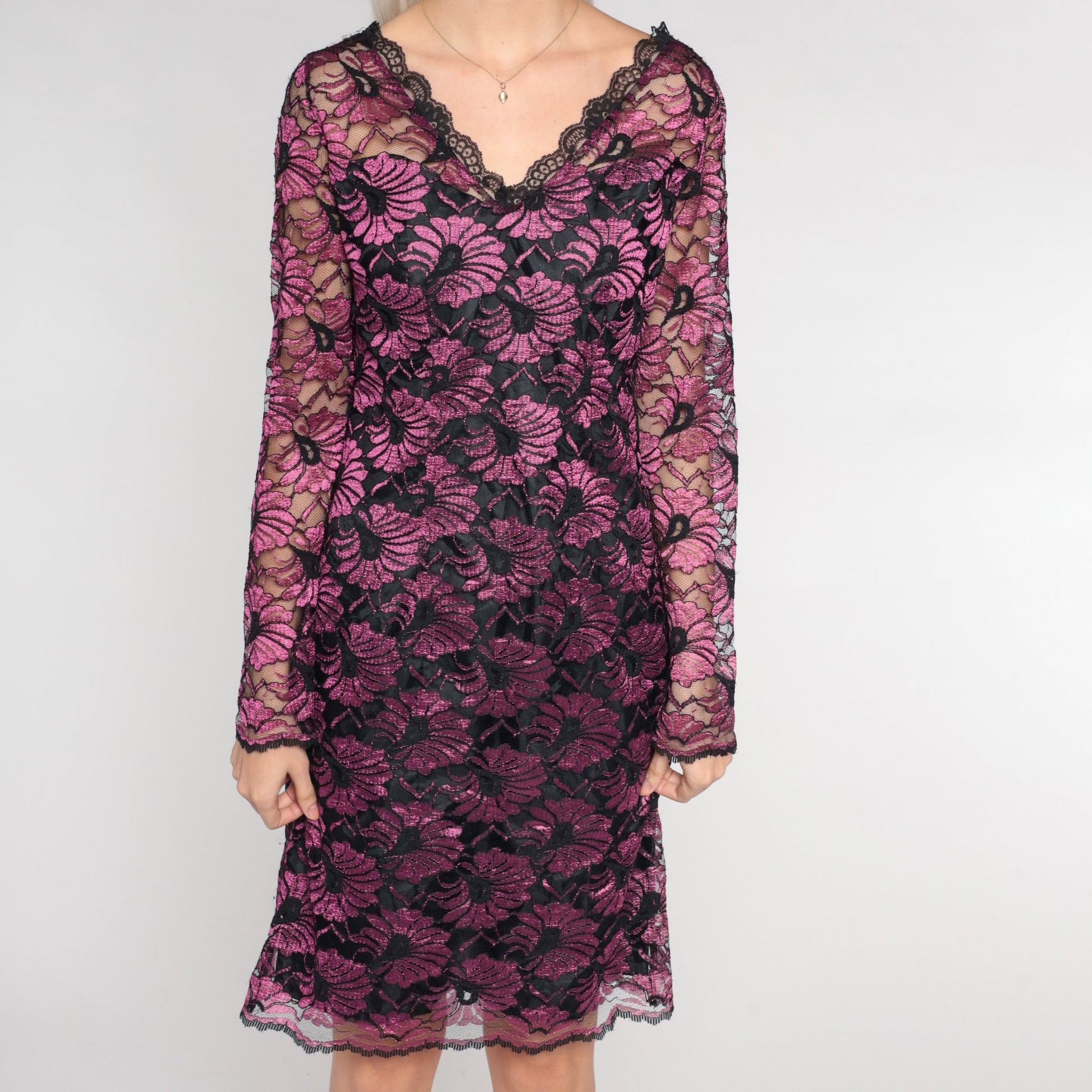 90s Black Metallic Fuchsia Floral Lace Mini Dress V Neck Low Back Medium