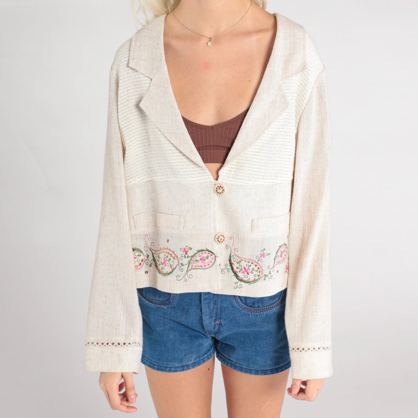 90s Paisley Embroidered Blazer Beige Deep V-Neck Button-Up Small S