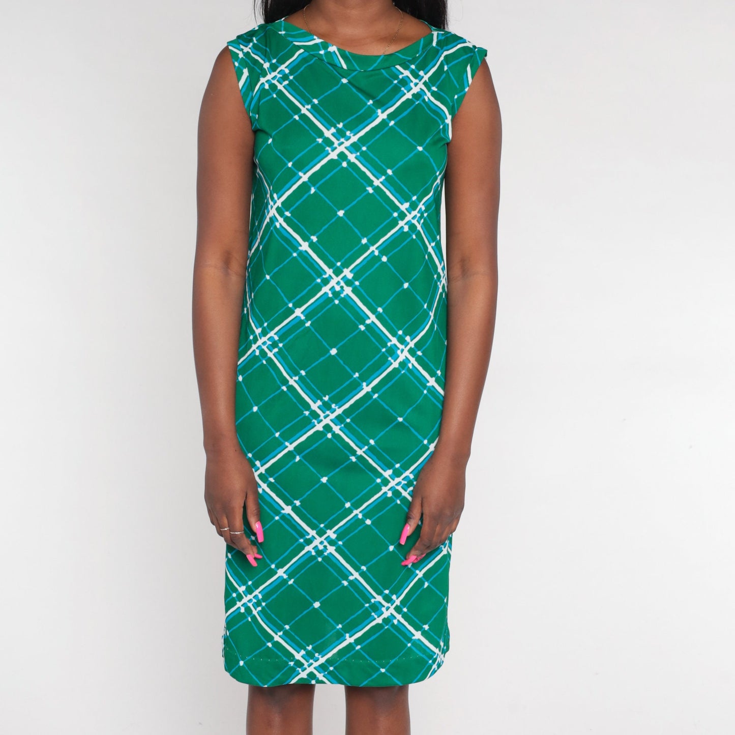 70s Green Lattice Print Shift Dress Sleeveless Mini A-Line Medium