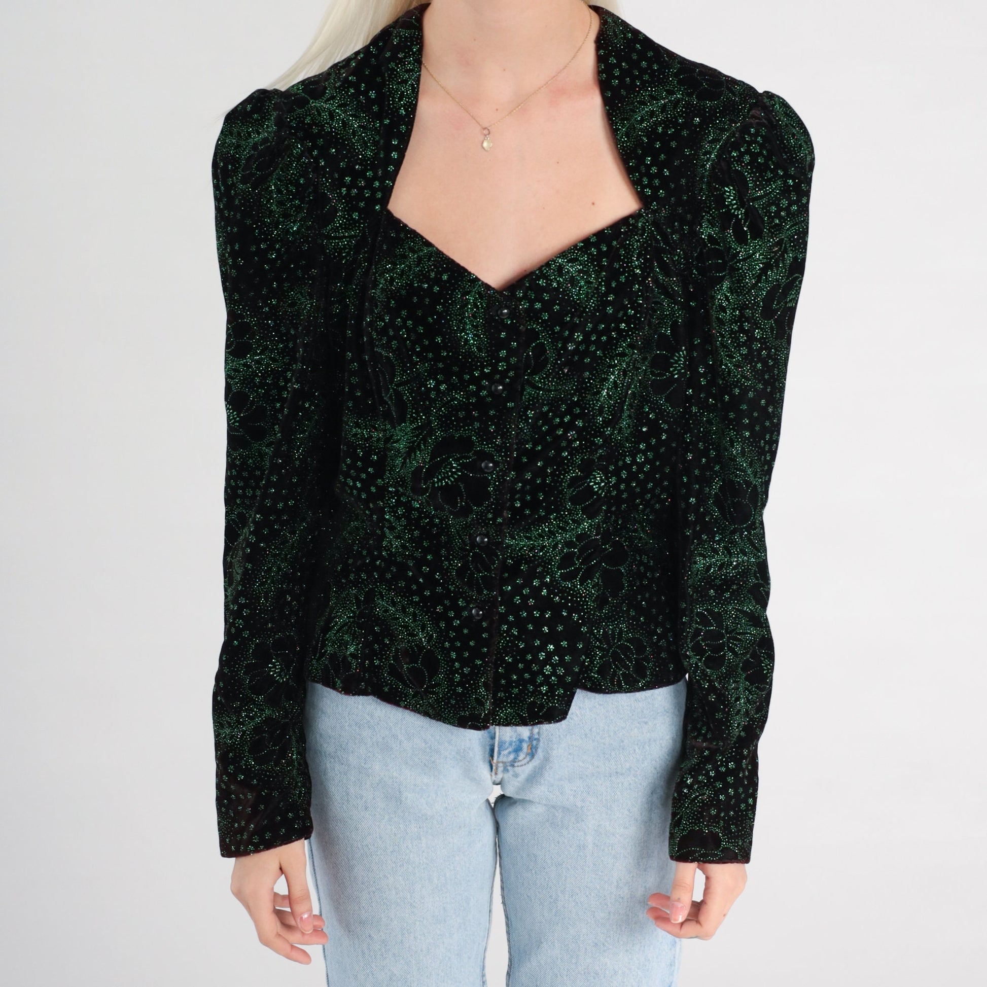 80s Gunne Sax Velvet Blouse Black Sparkly Green Floral Puff Sleeve Medium