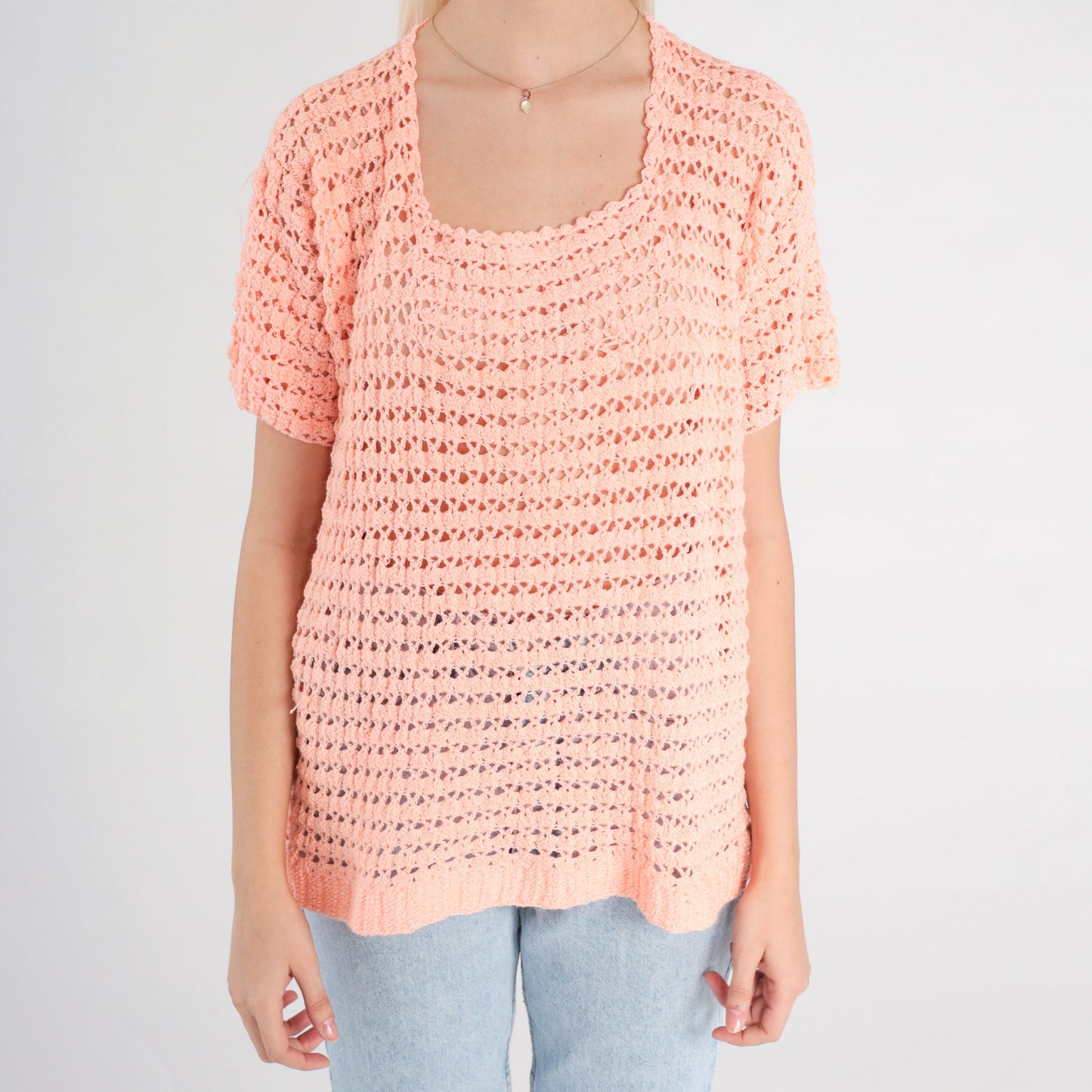 80s Orange Crochet Blouse Peach Open Weave Short Sleeve Small