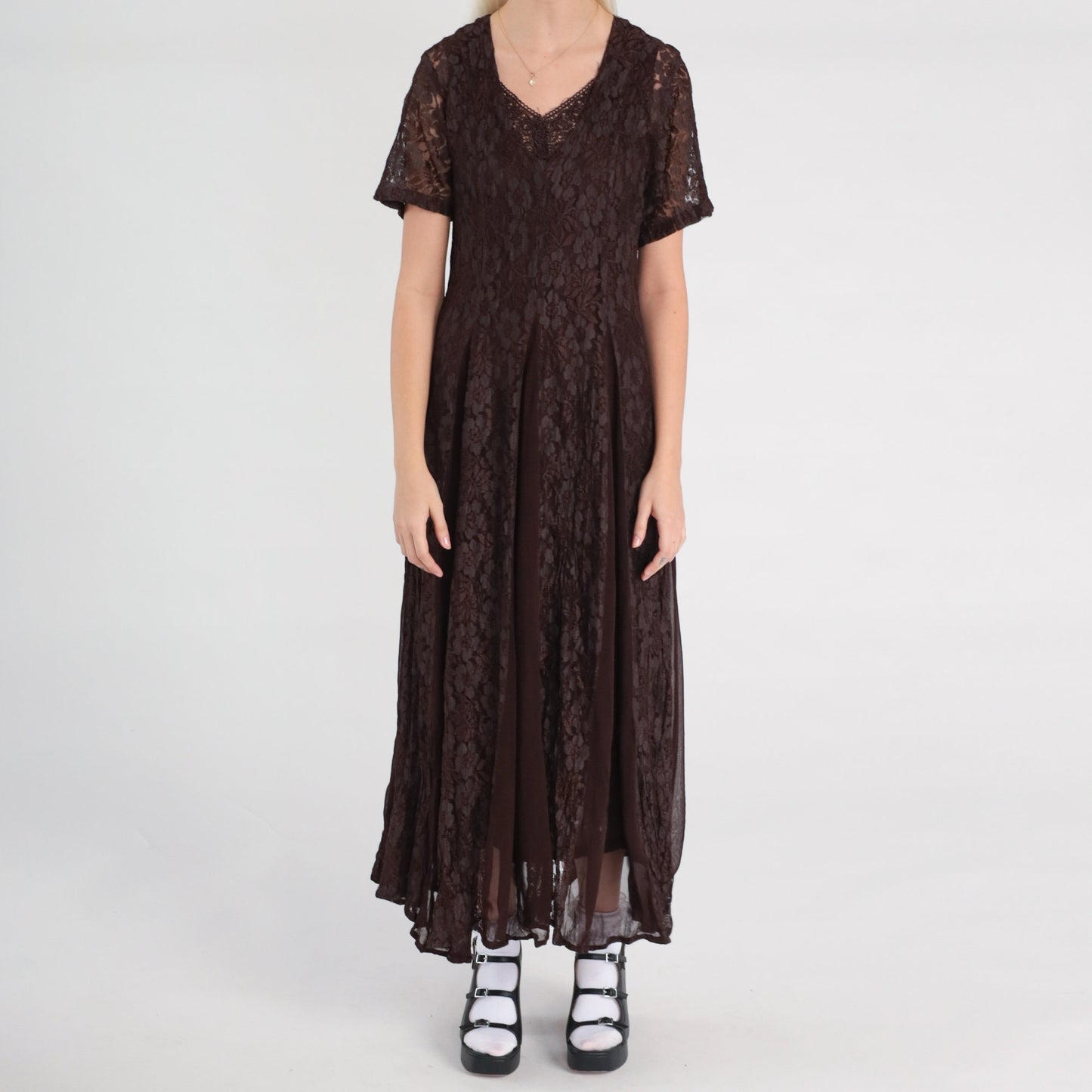 90s Brown Lace Maxi Dress Chiffon Panel V-Neck Short Sleeve Small