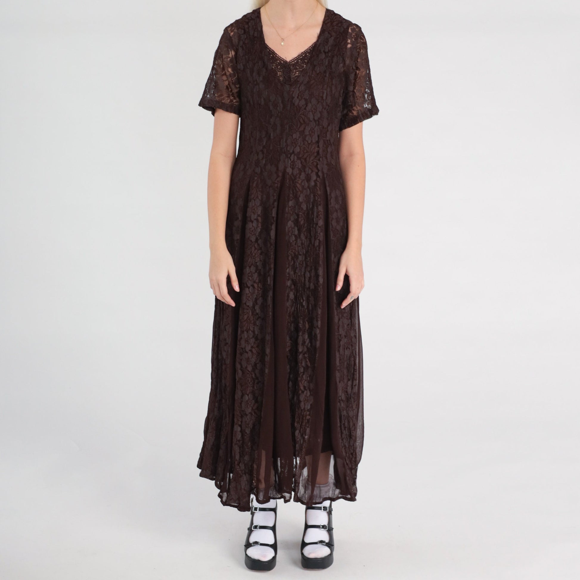 90s Brown Lace Maxi Dress Chiffon Panel V-Neck Short Sleeve Small