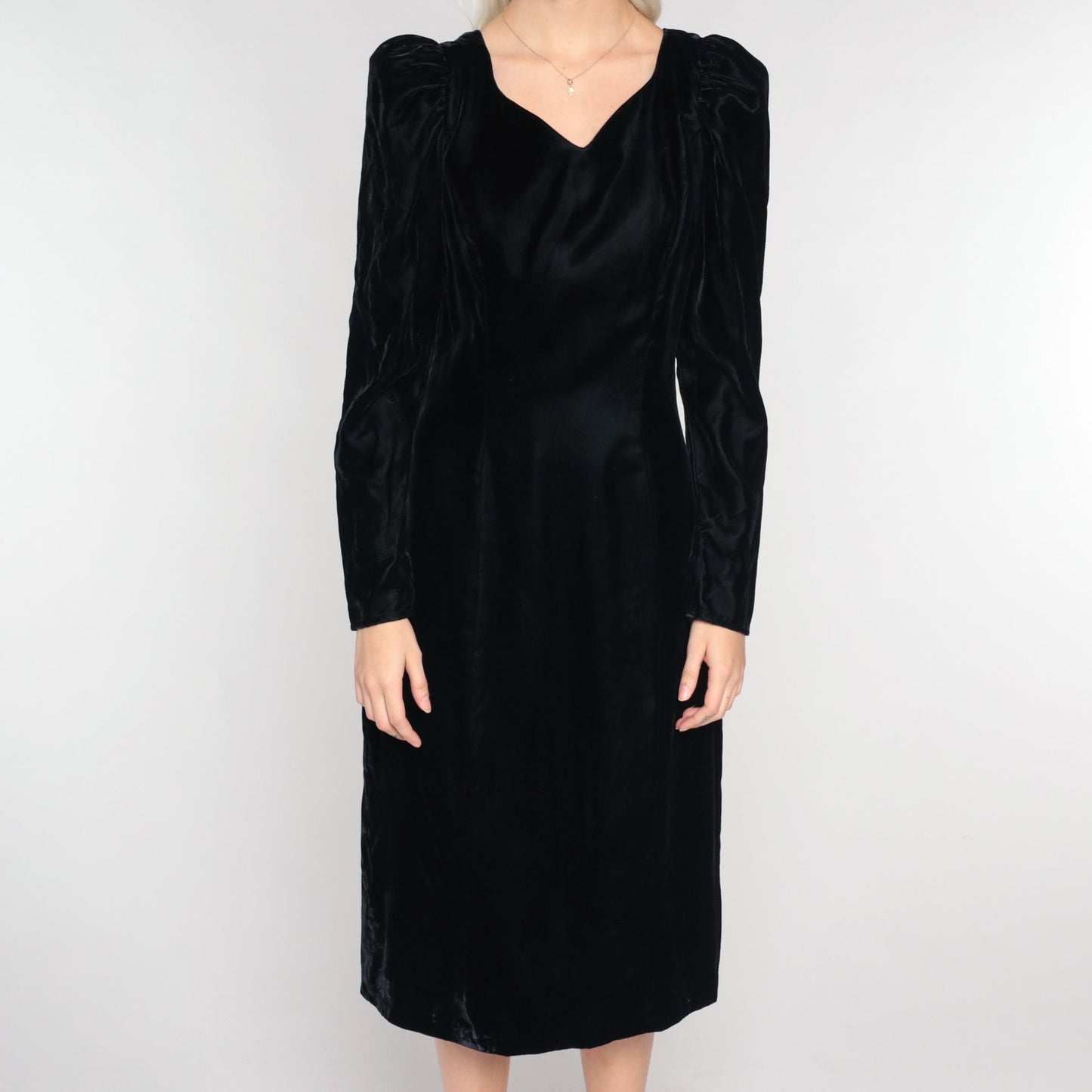 90s Black Velvet Midi Dress Puff Sleeve V-Neck Low Back Medium