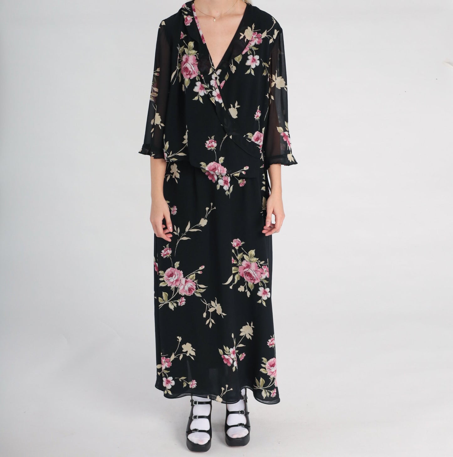 90s Black Floral Chiffon Maxi Dress V-Neck 3/4 Sleeve Wrap Large