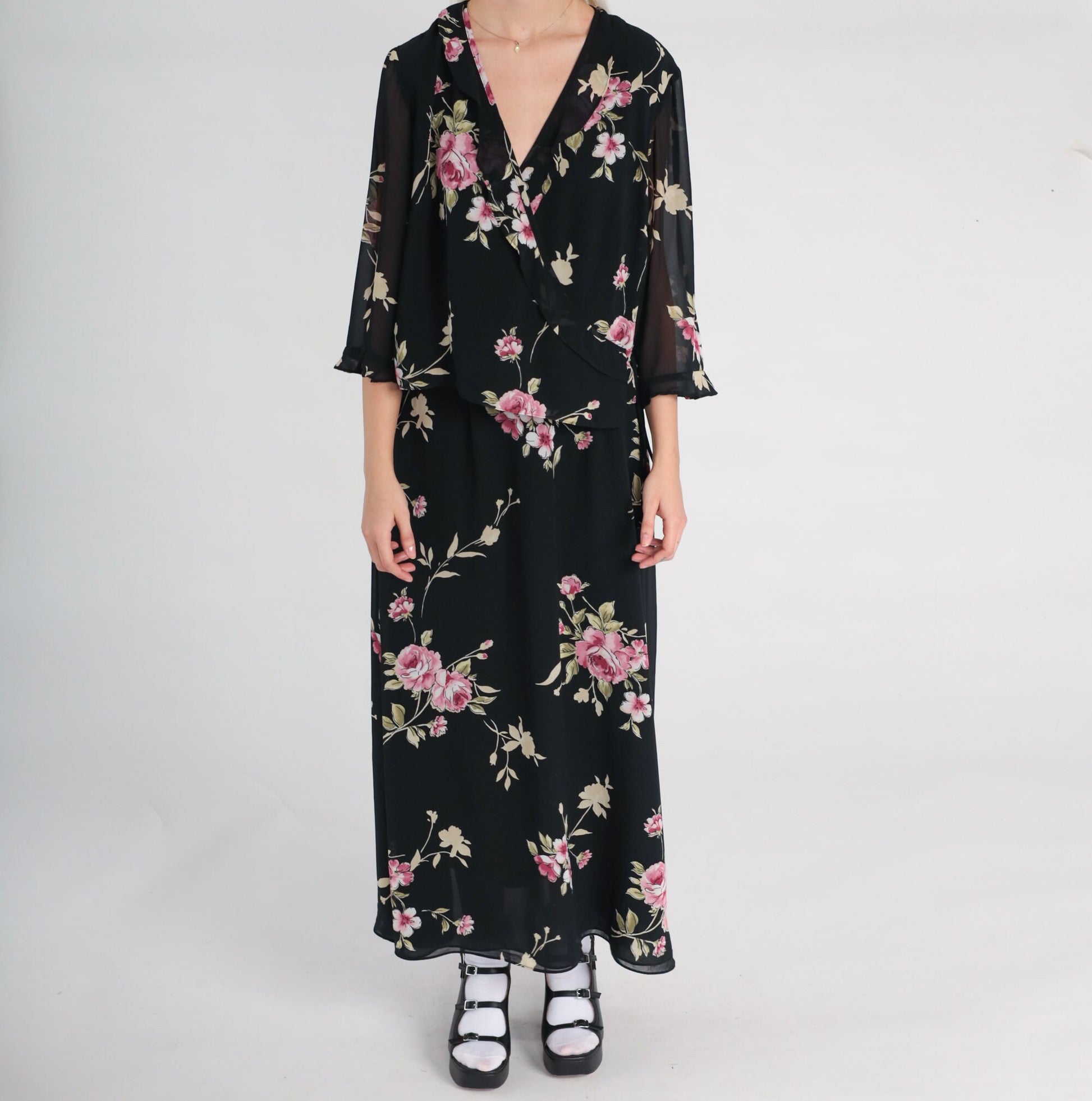 90s Black Floral Chiffon Maxi Dress V-Neck 3/4 Sleeve Wrap Large