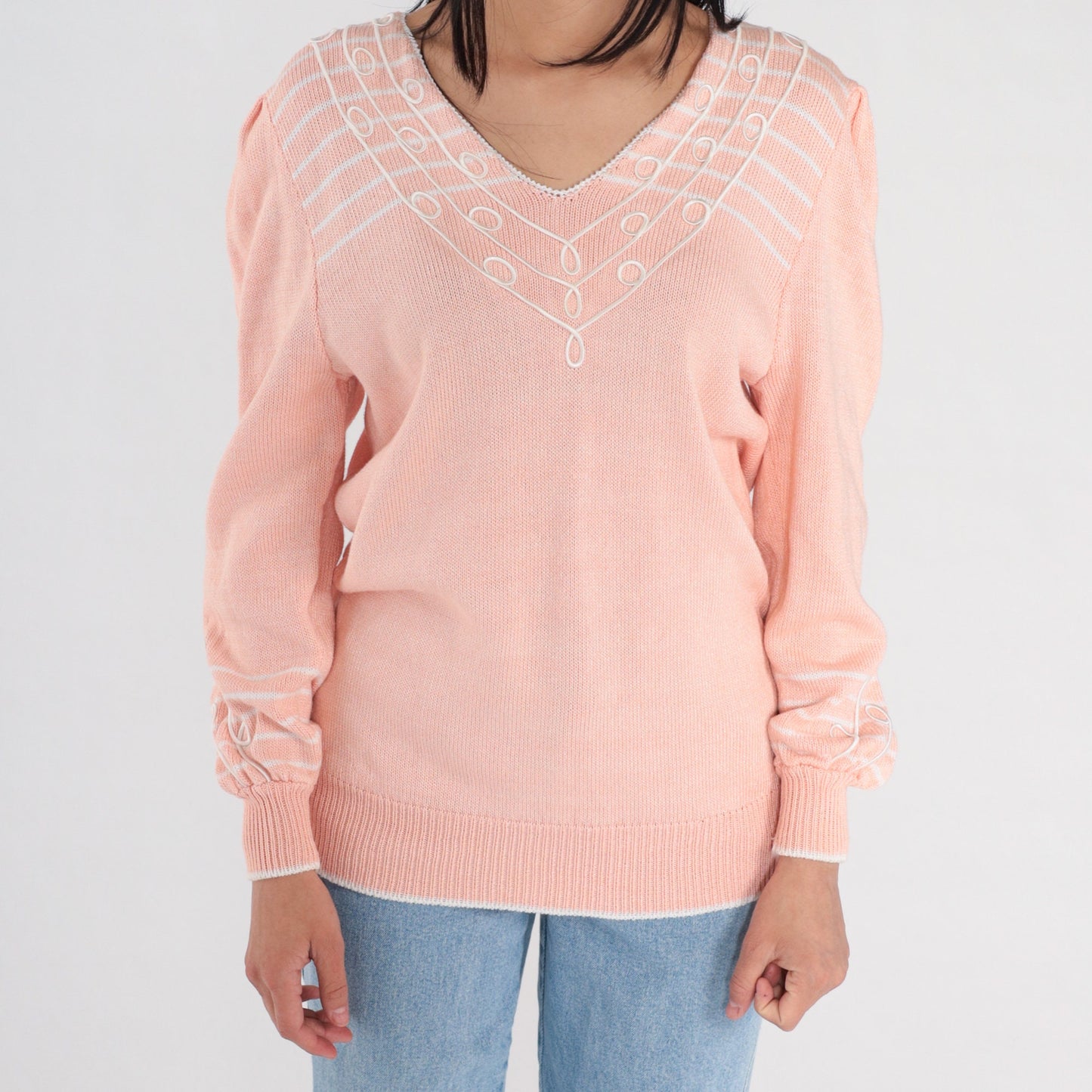 80s Pink Knit V-Neck Sweater White Stripes Soutache Trim Medium M