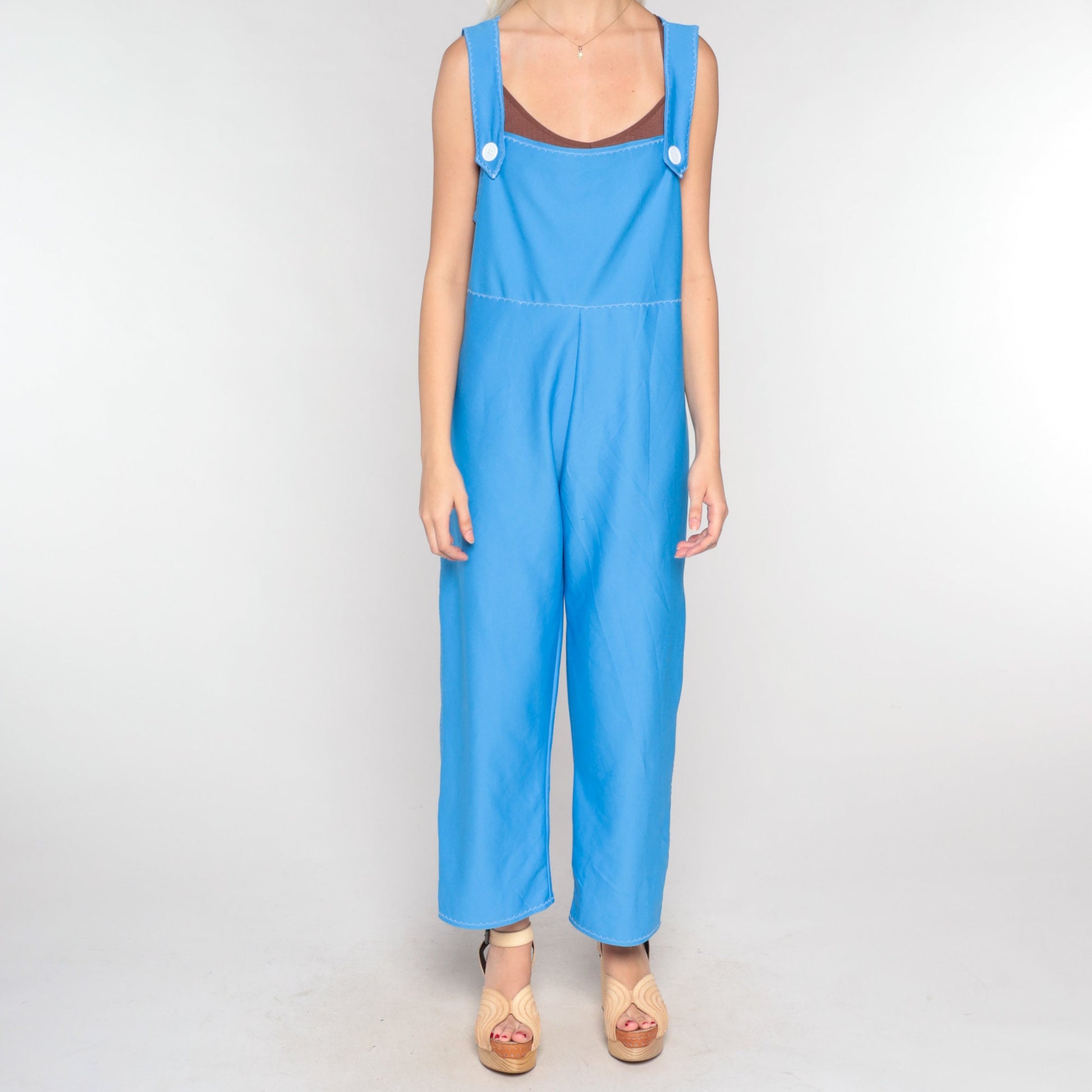 70s Blue Sleeveless Jumpsuit High Waist Straight Leg Bib Overalls Small