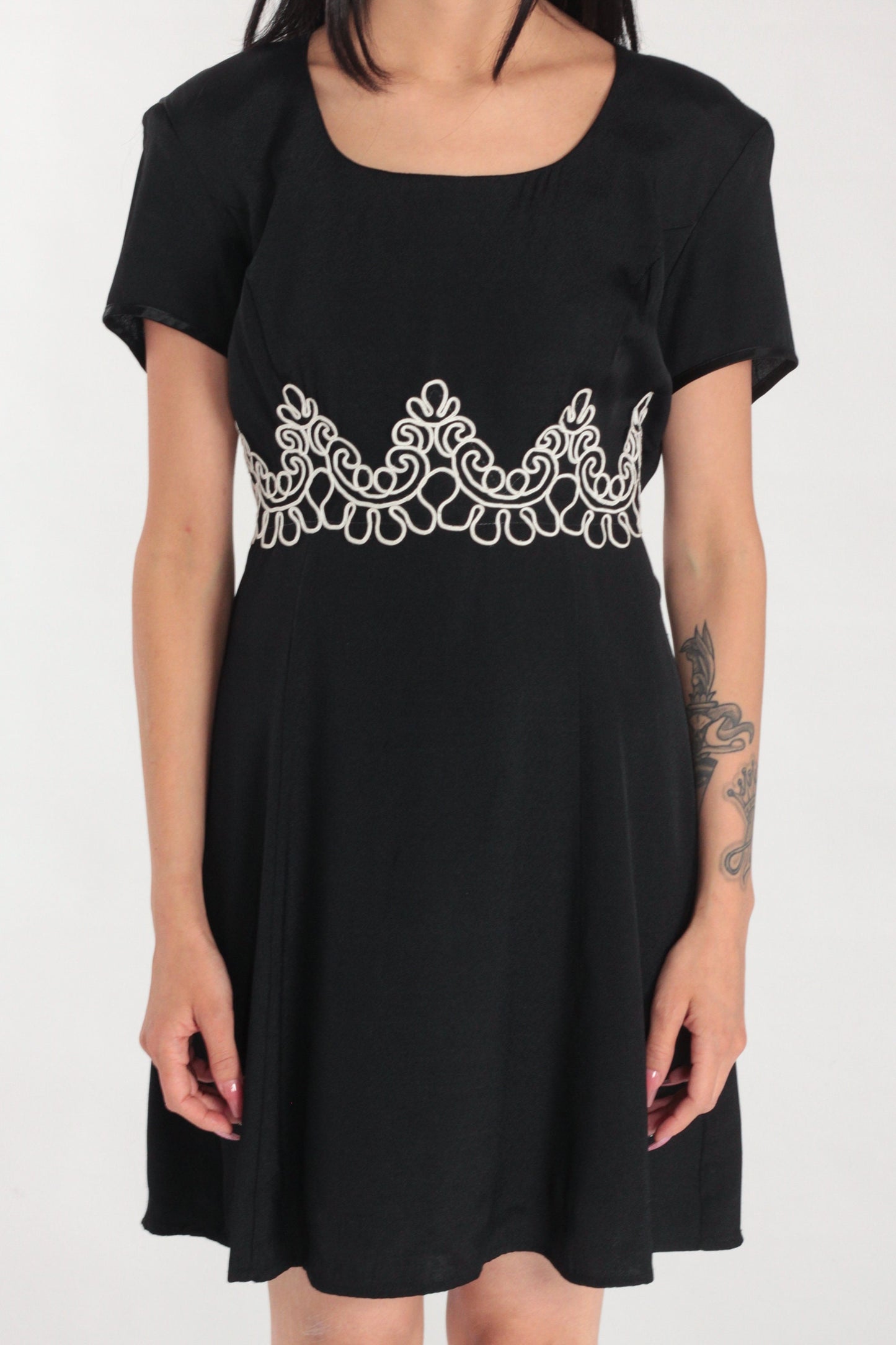 90s Black Mini Dress Soutache Trim Short Sleeve Shift Medium M