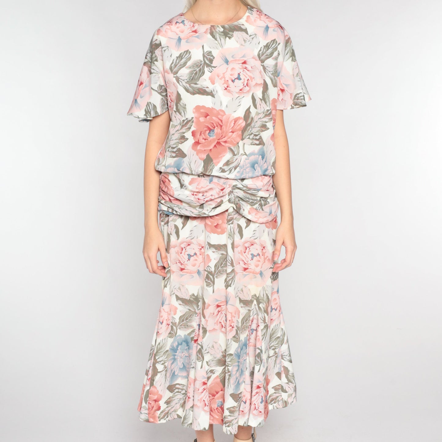 90s Floral Maxi Dress Short Sleeve Low Waist Ankle Length Medium Large