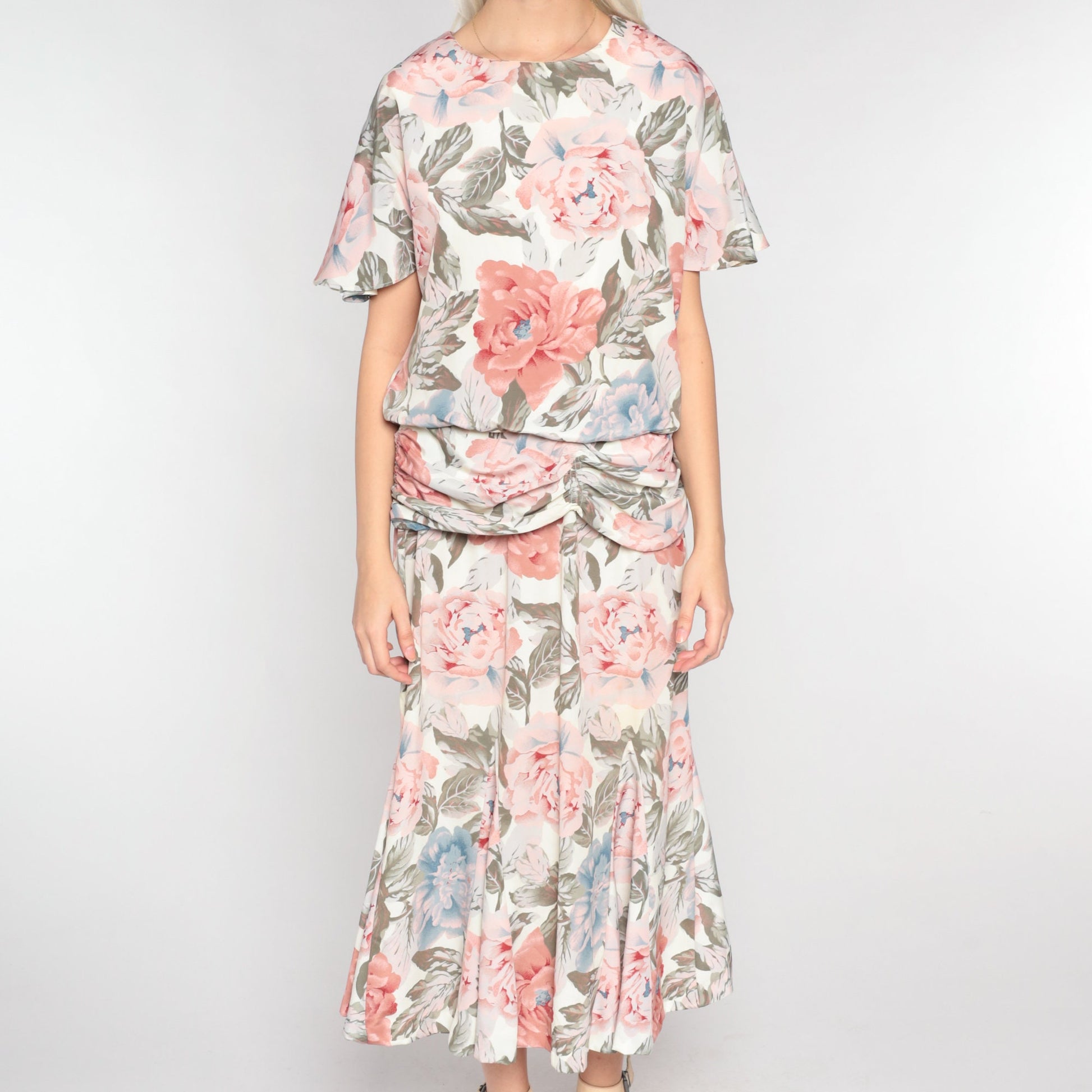 90s Floral Maxi Dress Short Sleeve Low Waist Ankle Length Medium Large