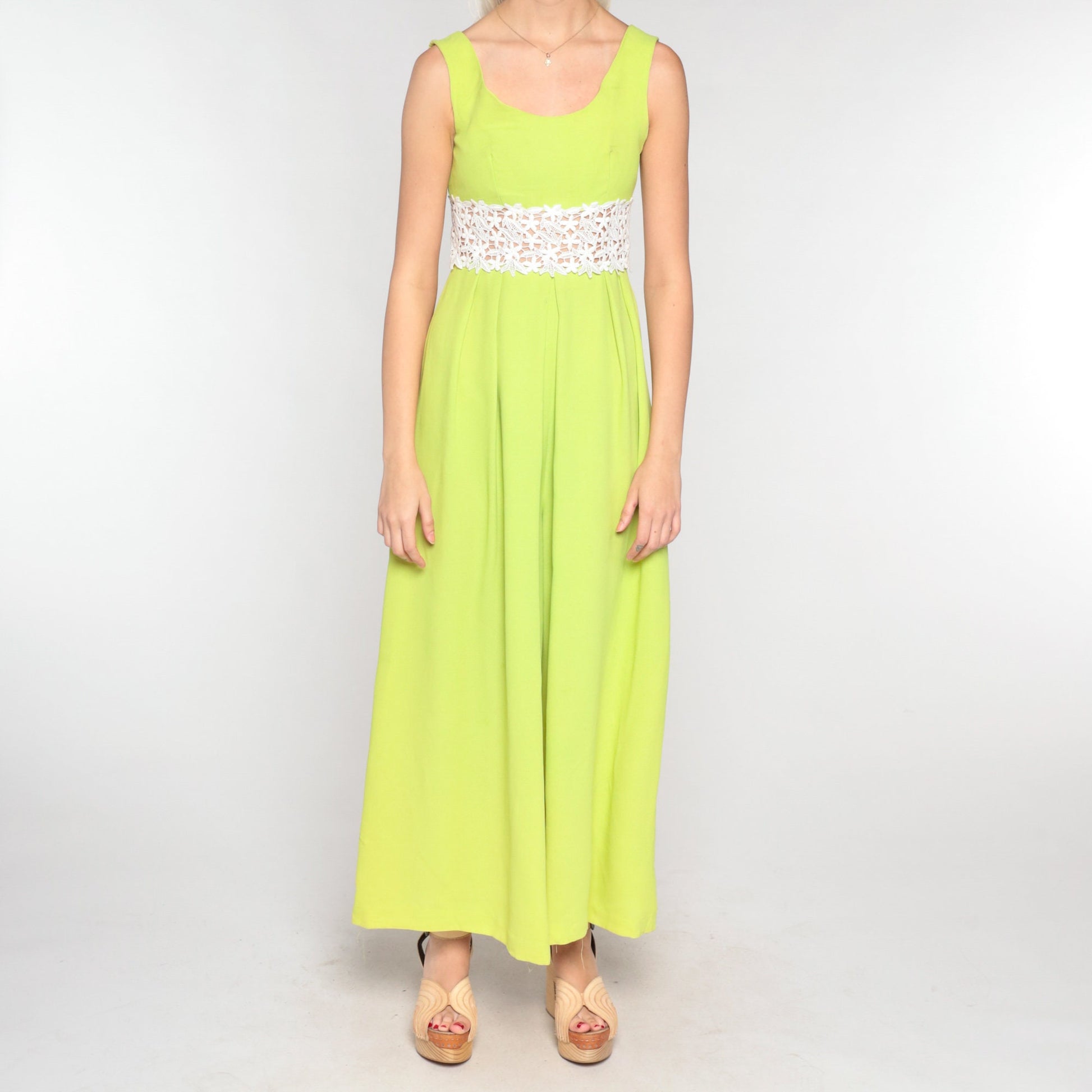 70s Lime Green Jumpsuit Wide Leg Floral Crochet Sleeveless Small